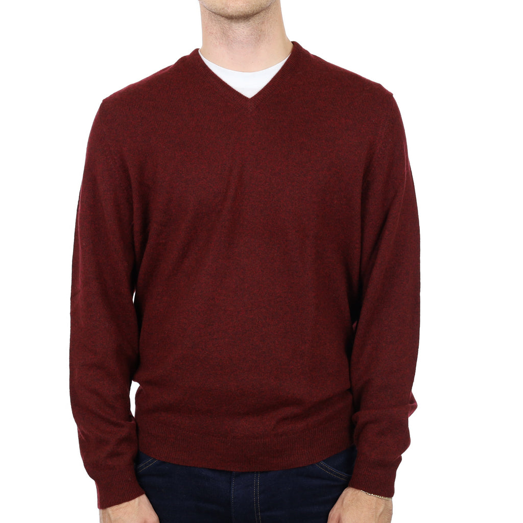 Men's English Burgundy Marl Cashmere V Neck Jumper Medium