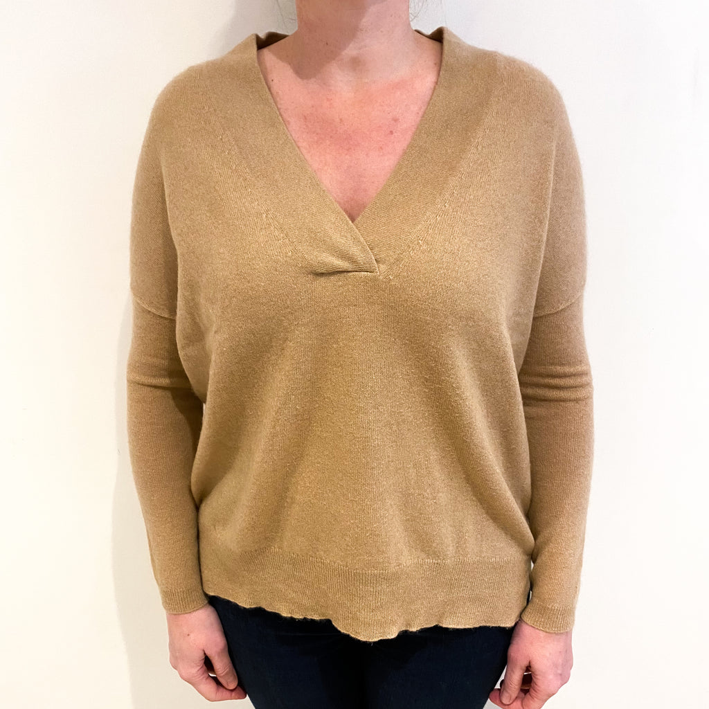 Camel Brown Cashmere V Neck Jumper Large