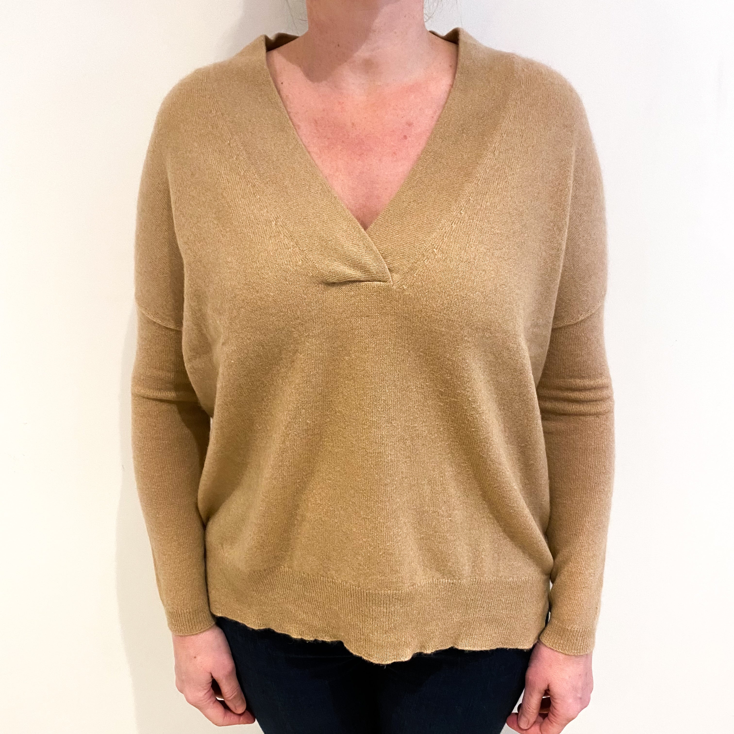Camel Brown Cashmere V Neck Jumper Large