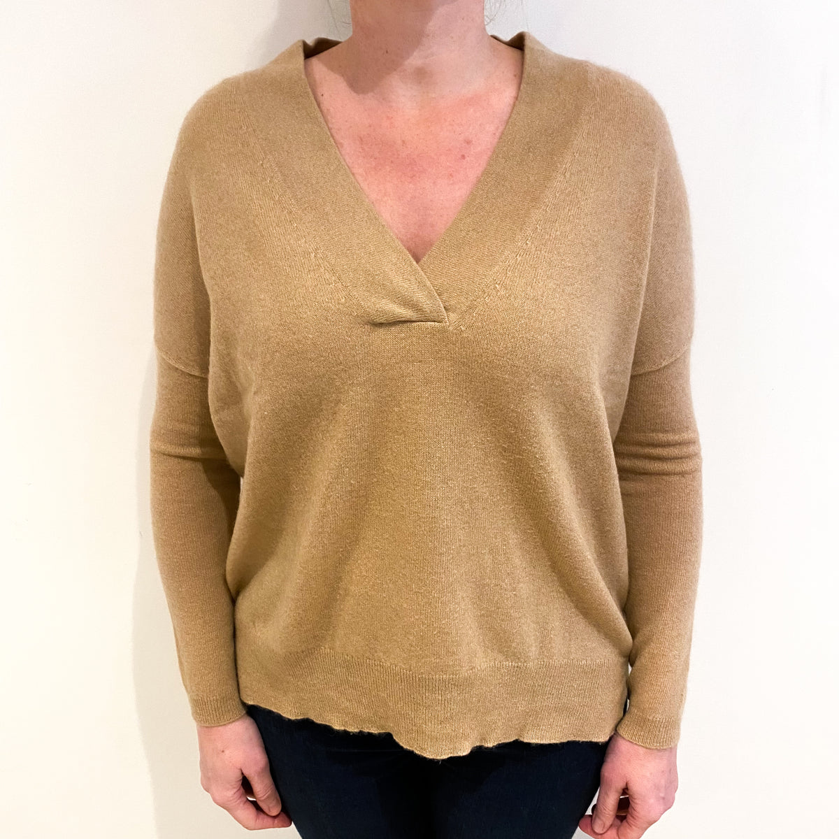 Camel Brown Cashmere V Neck Jumper Large