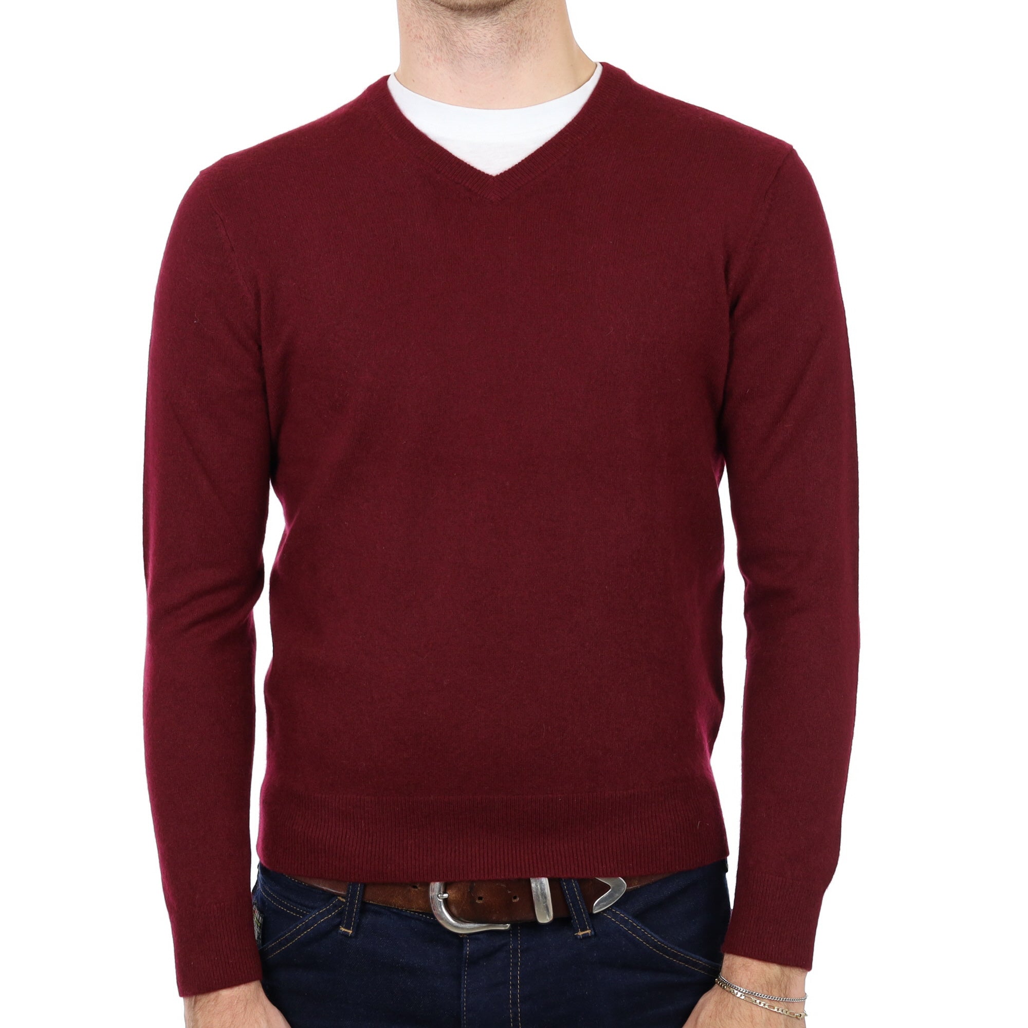 Men's Deep Burgundy Red Cashmere V Neck Jumper Medium