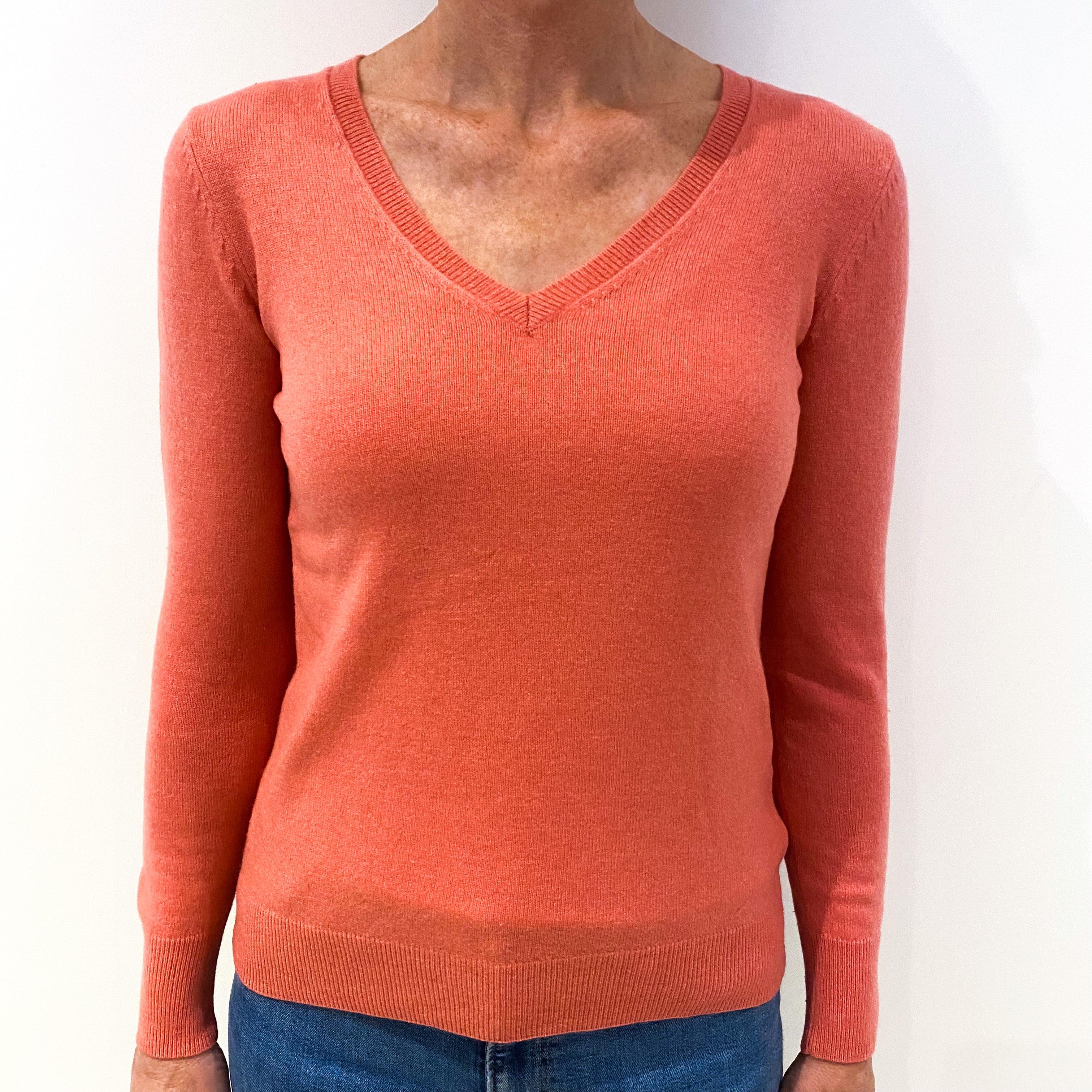 Coral Pink Cashmere V-Neck Jumper Small