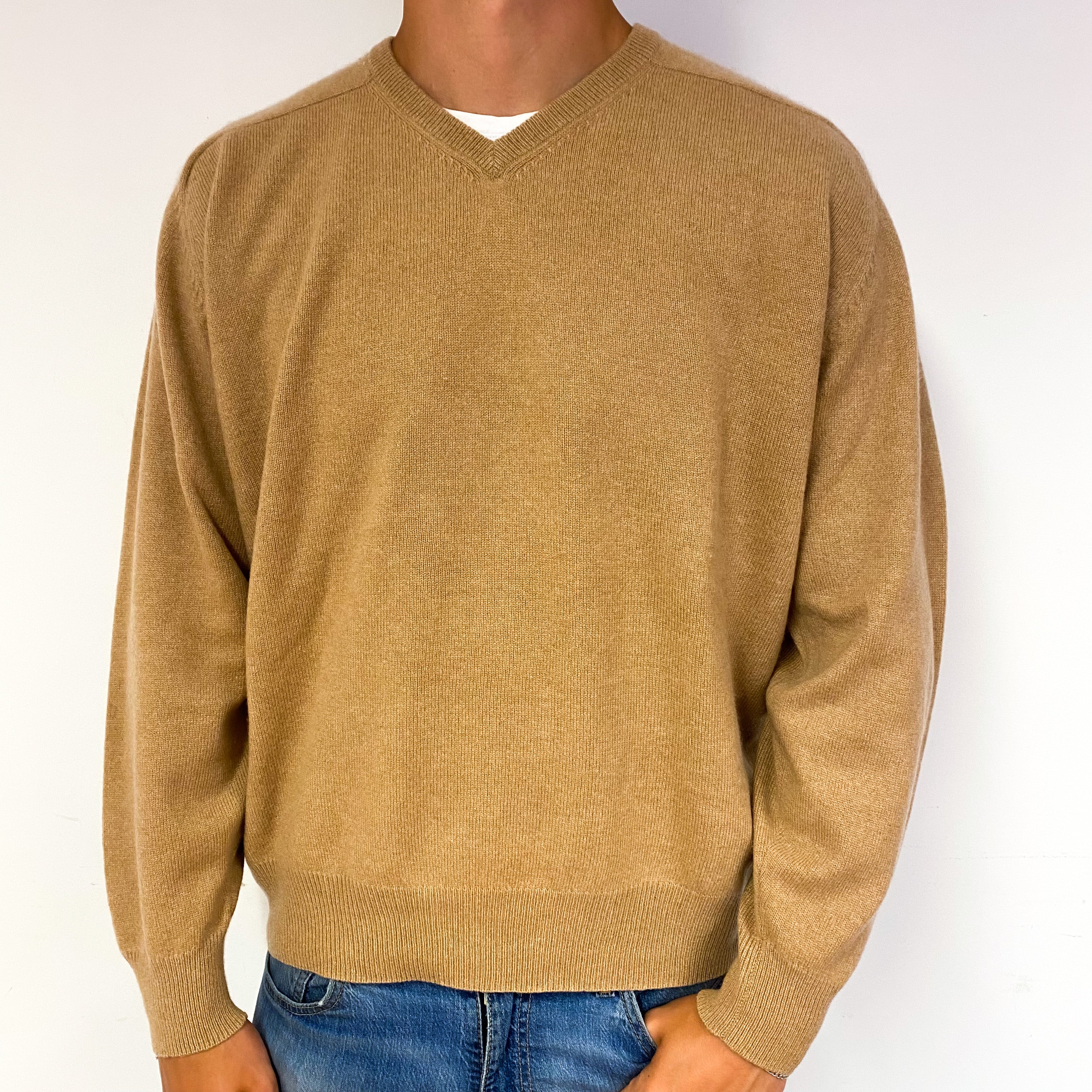 Men's Camel Brown Cashmere V-Neck Jumper Extra Extra Large
