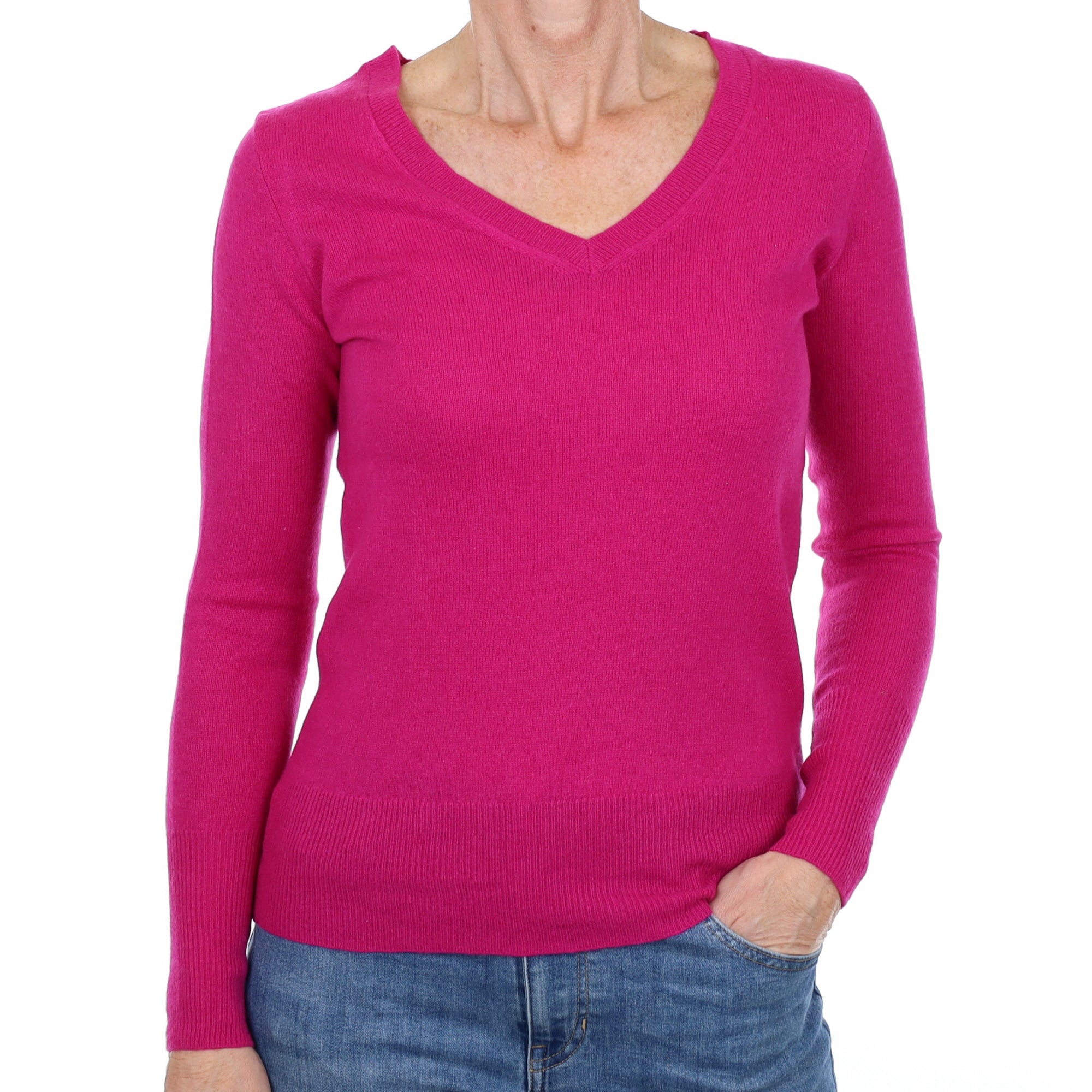 Magenta Pink Cashmere V Neck Jumper Small