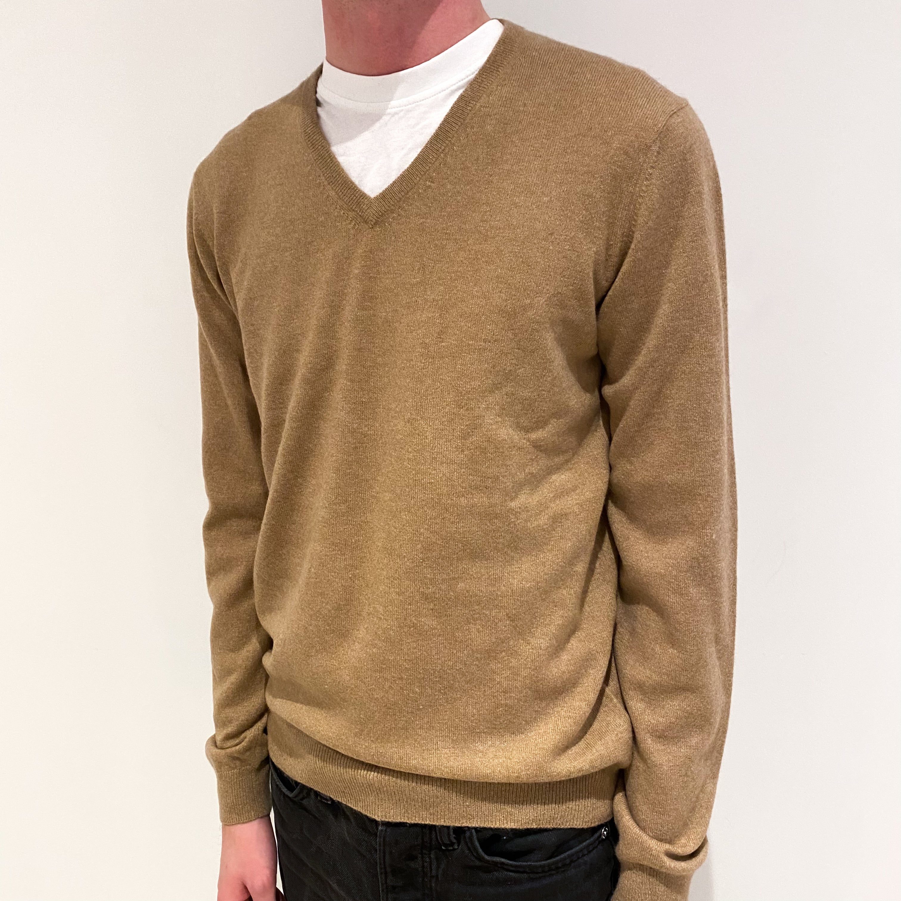 Men's Camel Brown Cashmere V-Neck Jumper Small