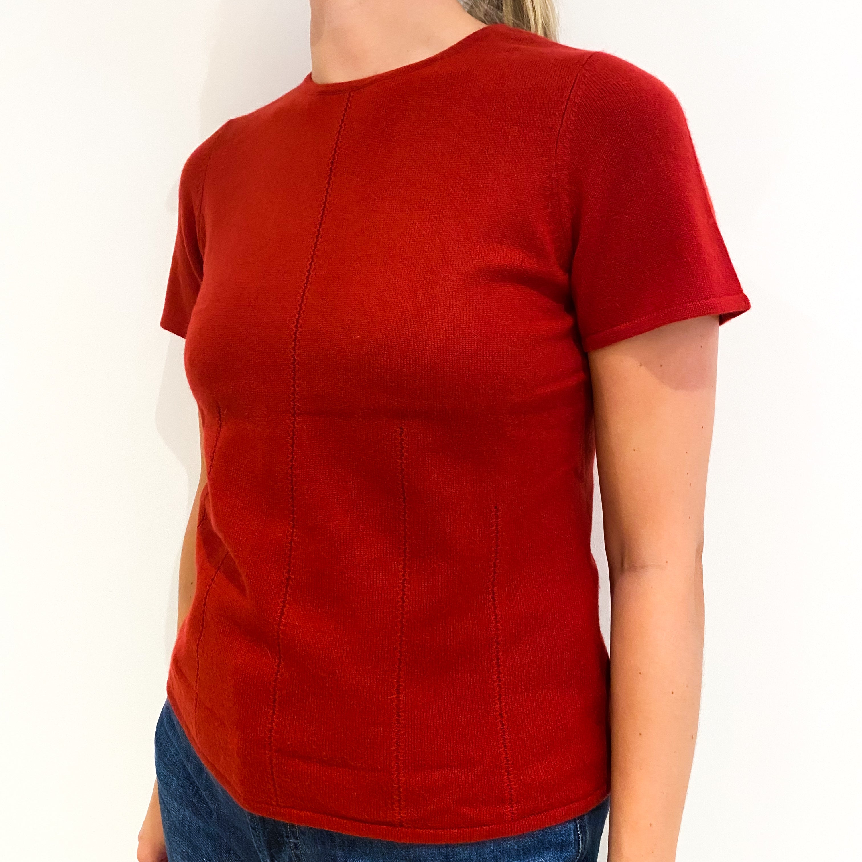 Tomato Red Short Sleeved Cashmere Crew Neck Jumper Medium