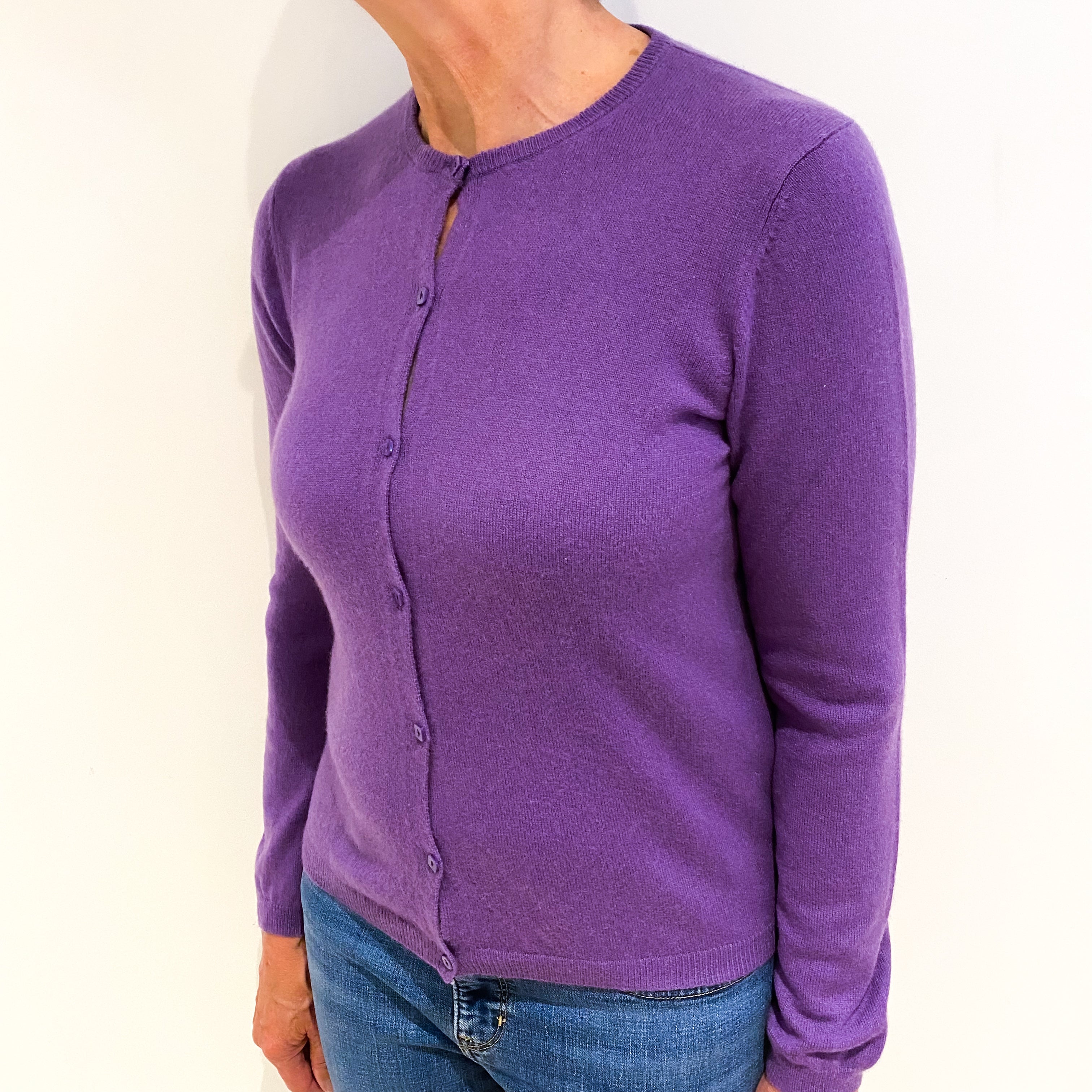 Deep Lavender Purple Cashmere Crew Neck Cardigan Medium