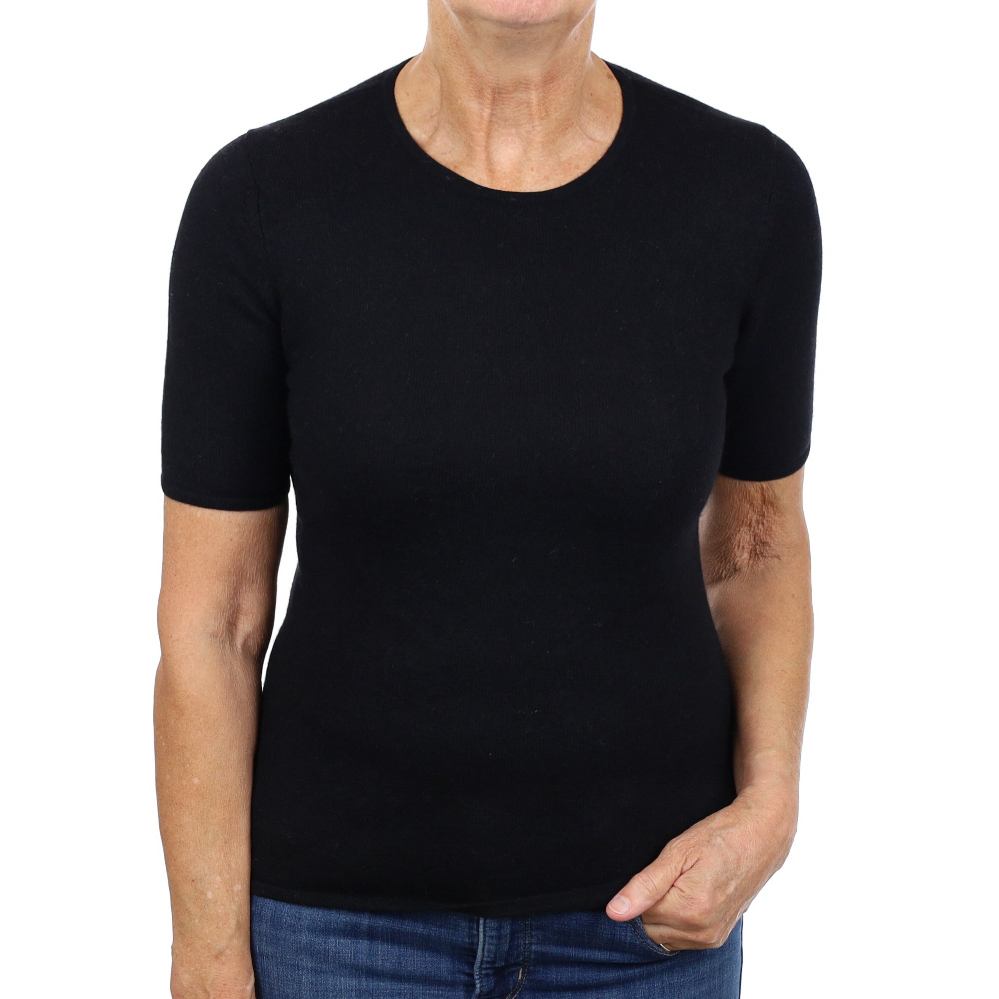 Black Cashmere Crew Neck Short Sleeve Jumper Medium