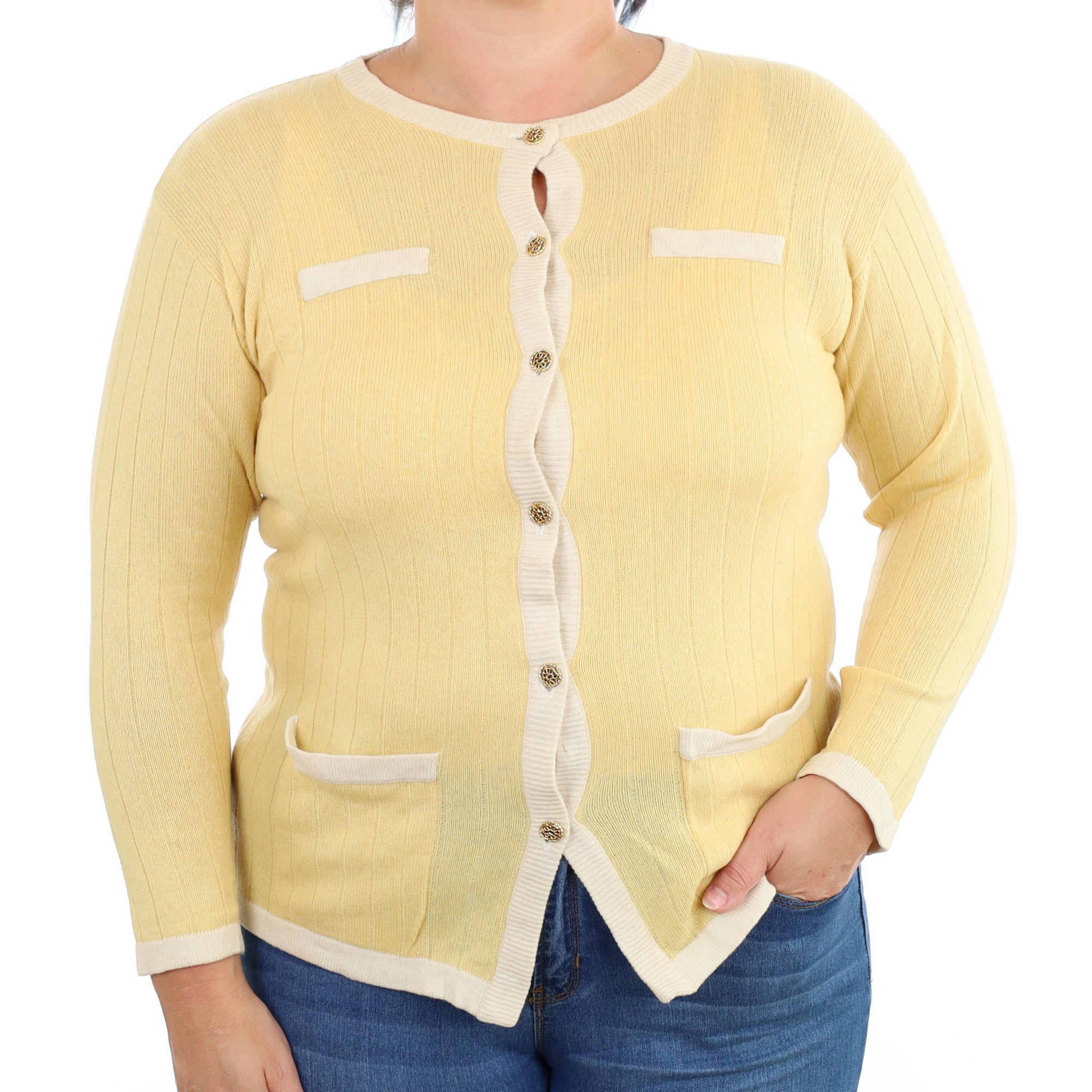 Custard Yellow Cashmere Crew Neck Cardigan Large