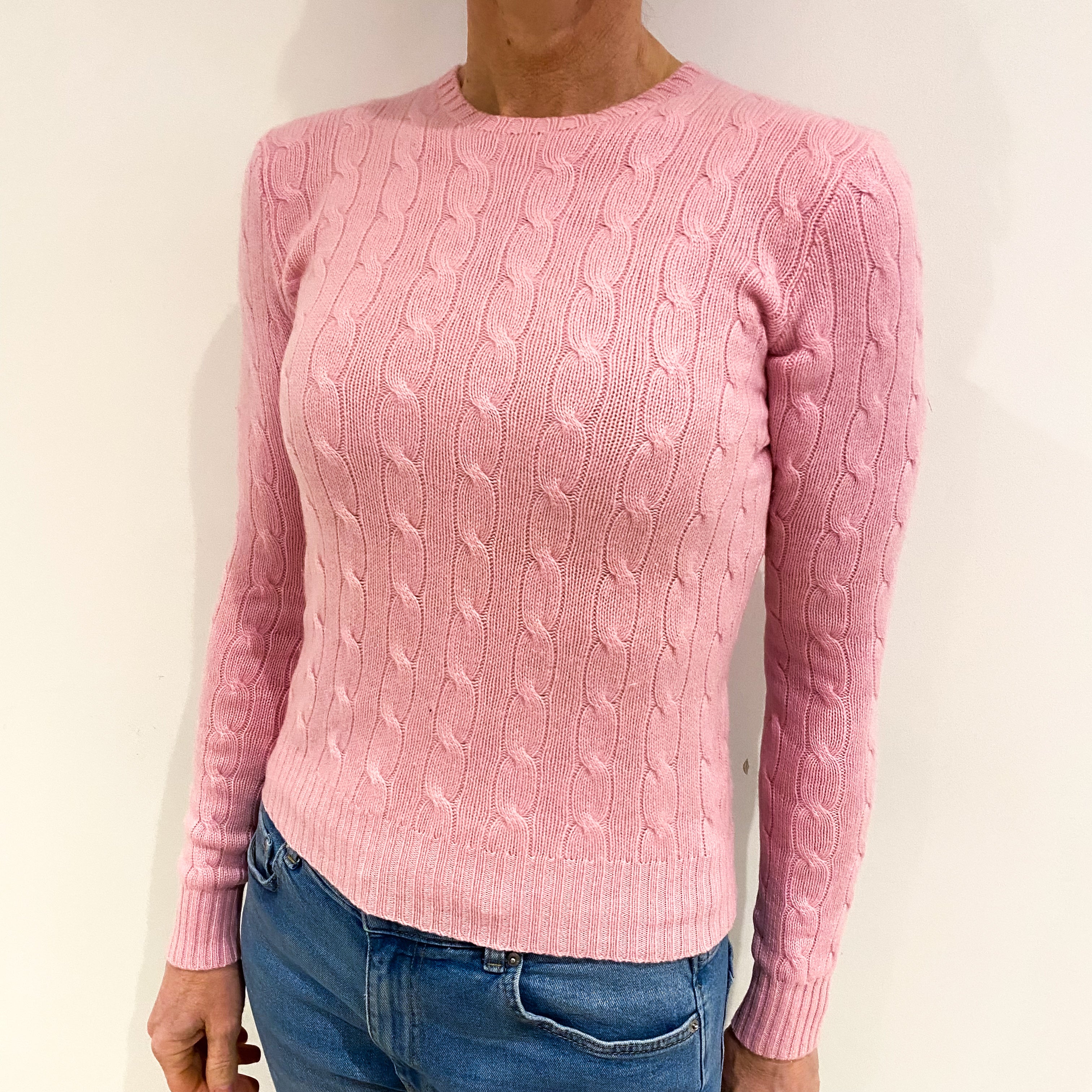 Ralph Lauren Sugar Mouse Pink Cashmere Crew Neck Cable Knit Jumper Small