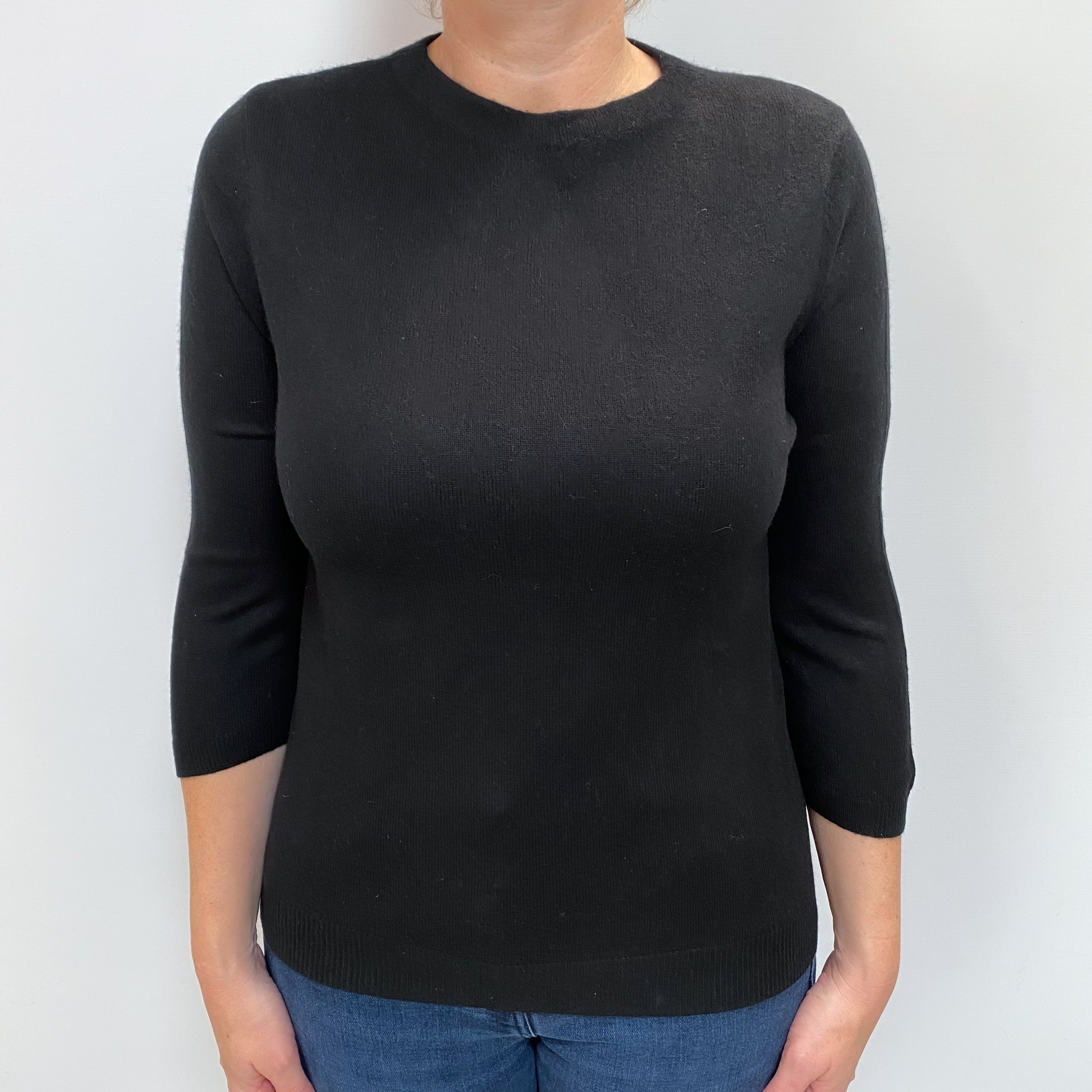 Black Cashmere 3/4 Sleeve Crew Neck Jumper Large