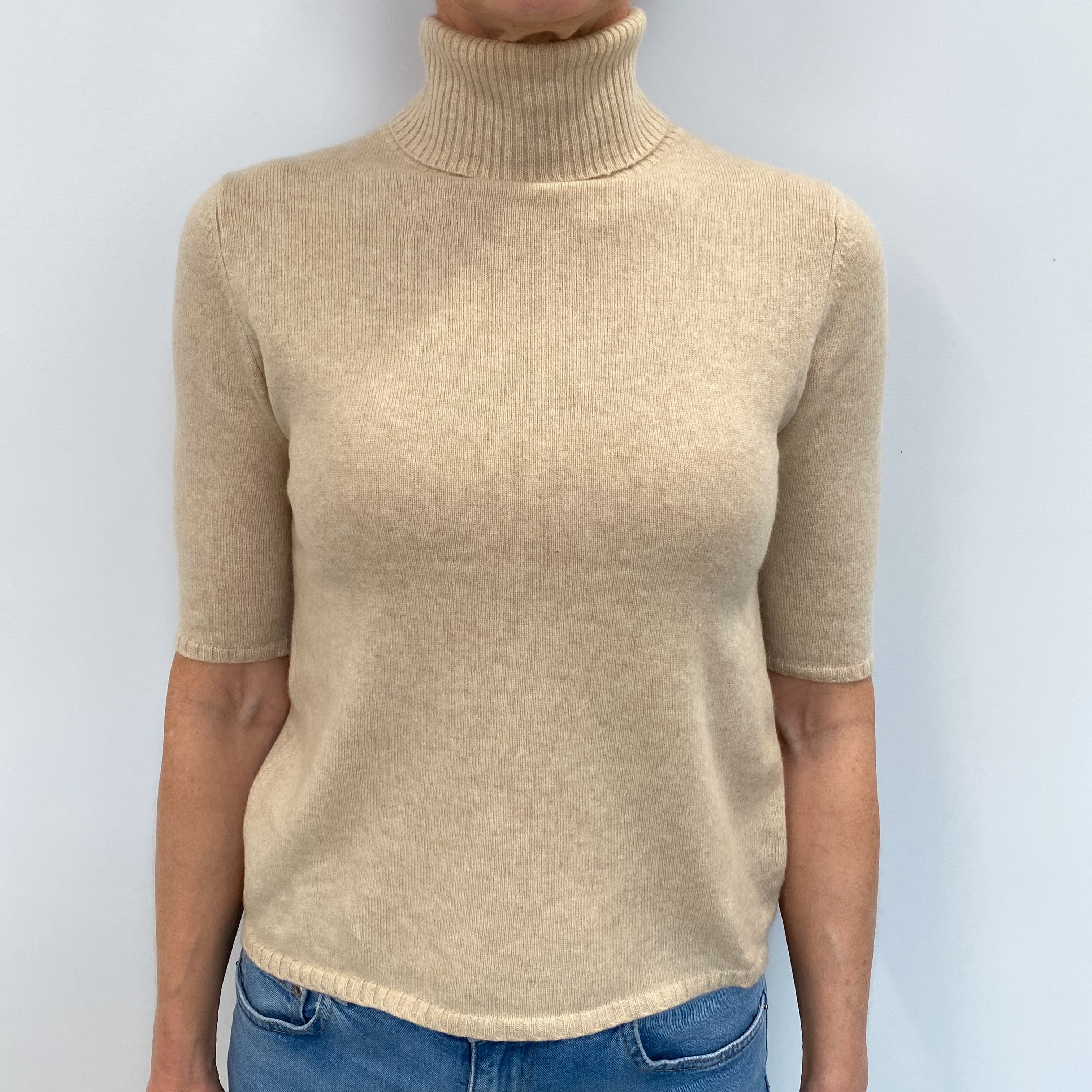 Oatmeal Cashmere Short Sleeved Polo Neck Jumper Small