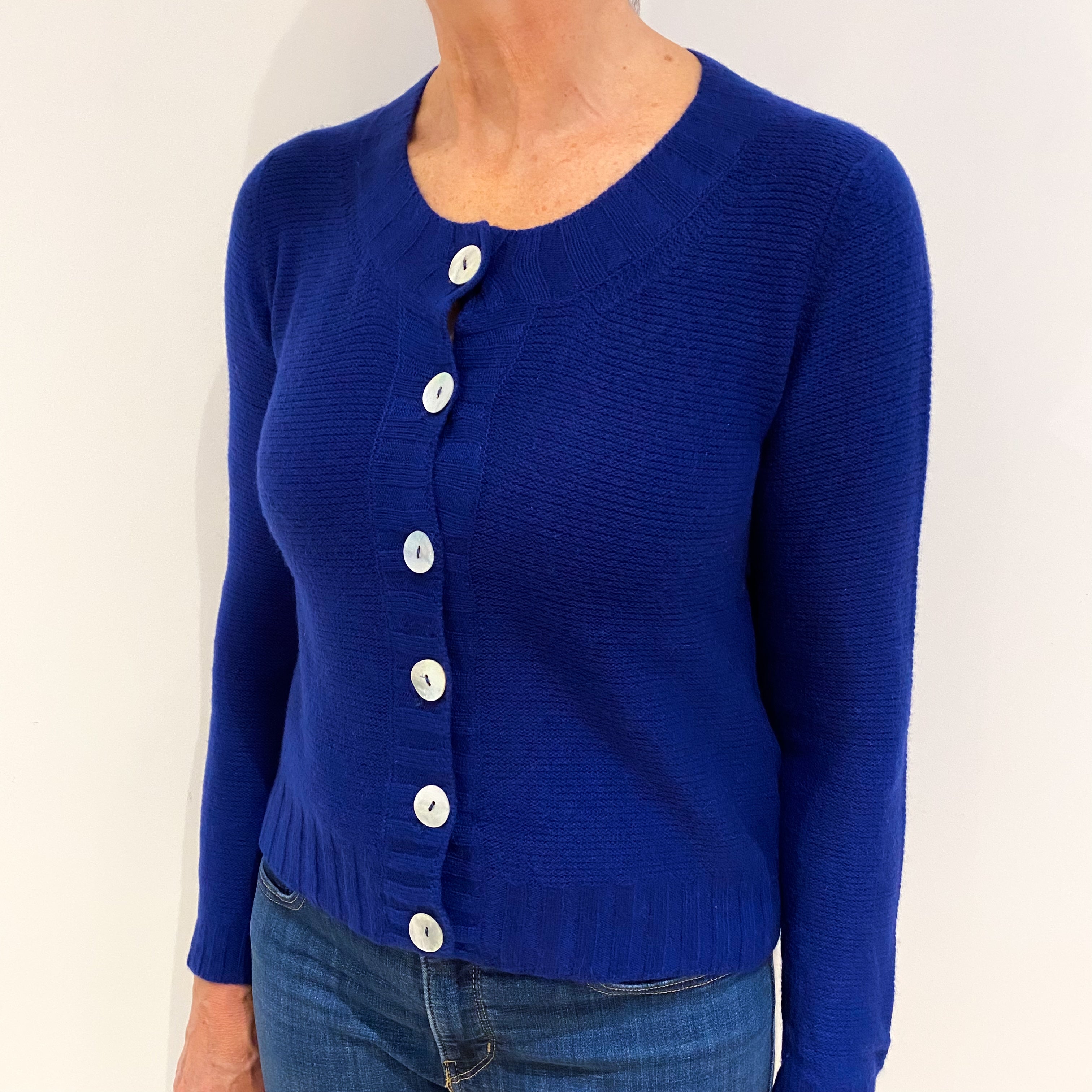 Admiral Blue Textured Cashmere Crew Neck Cardigan Medium