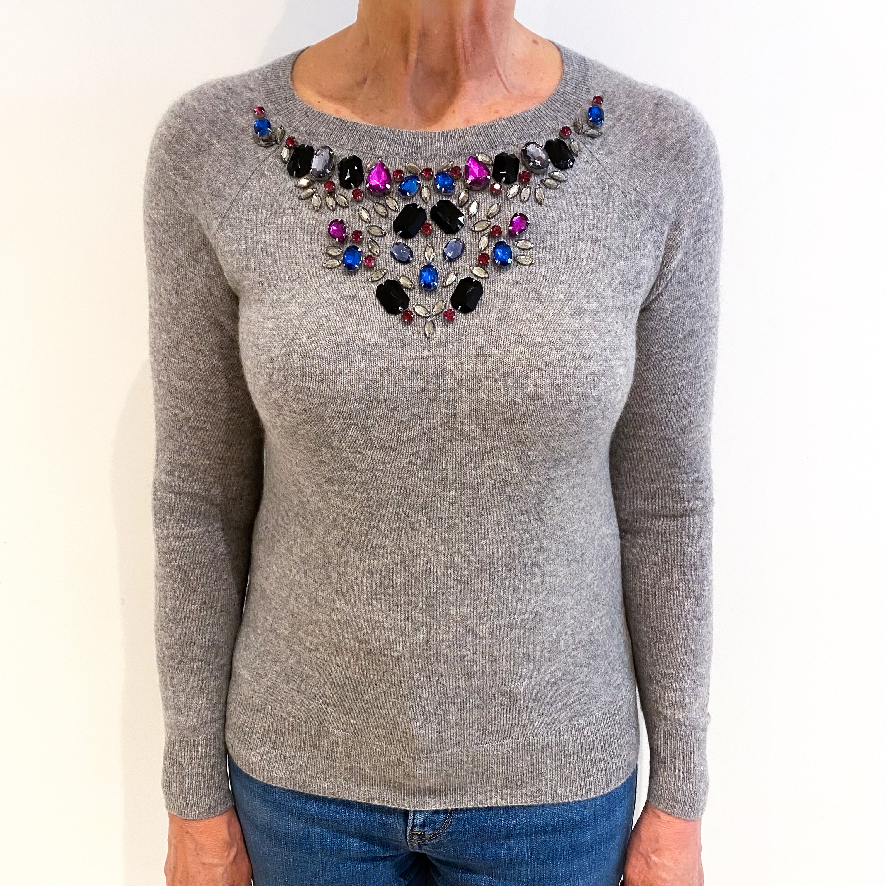 Ash Grey Jewelled Front Cashmere Crew Neck Jumper Medium