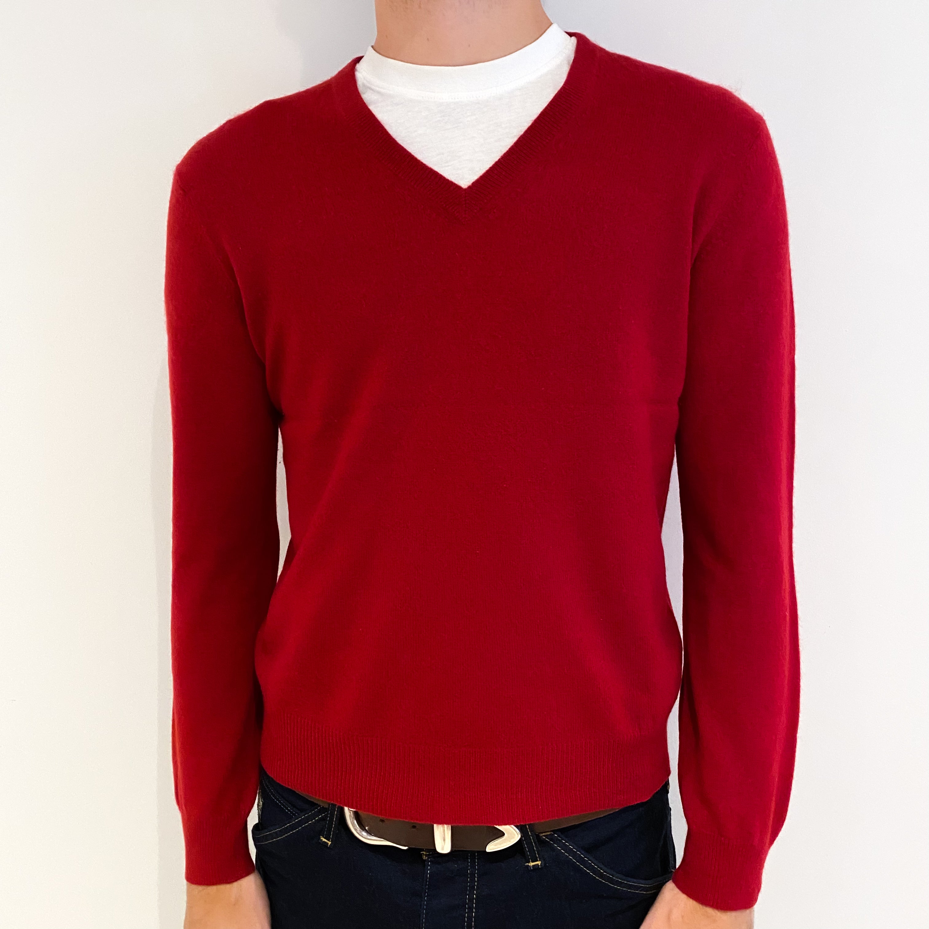 Men's Crimson Red Cashmere V-Neck Jumper Medium