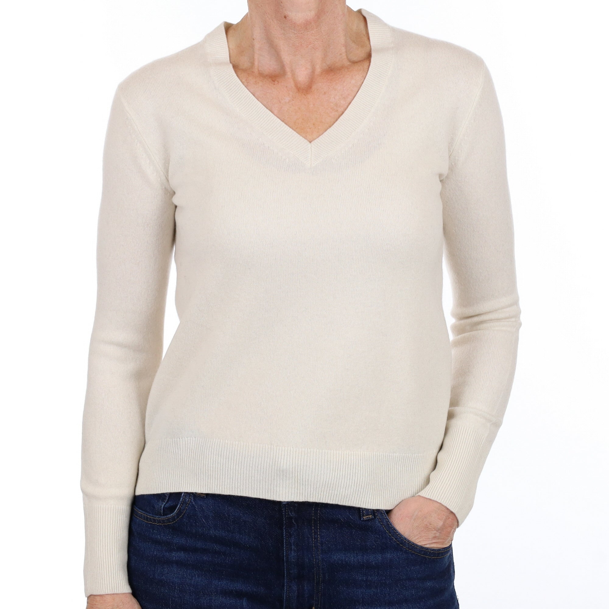 Vanilla Cream Cashmere V Neck Jumper Small