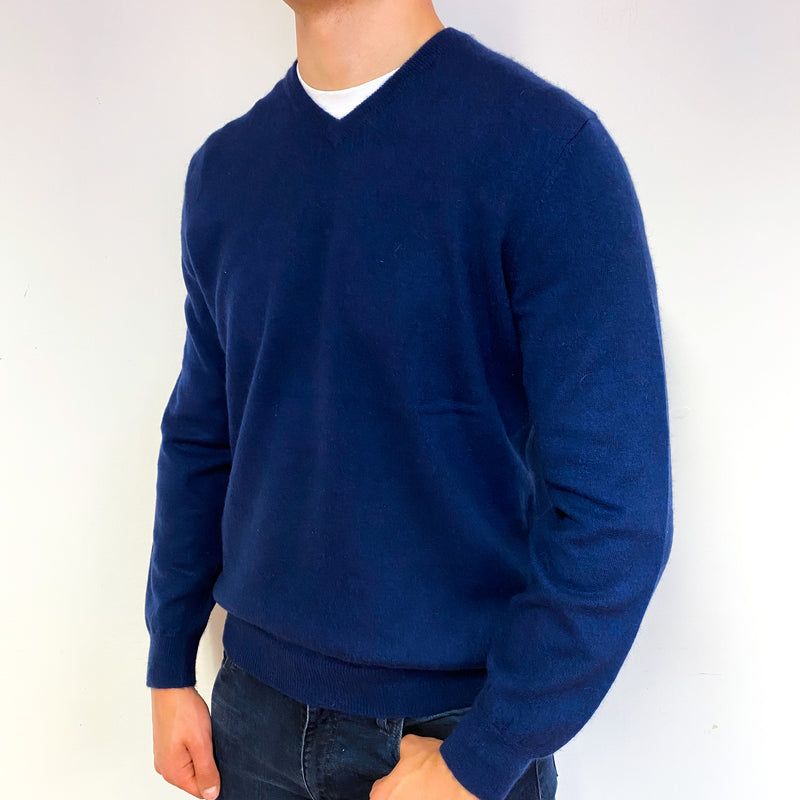 Men's Navy Blue Cashmere V-Neck Jumper Extra Large