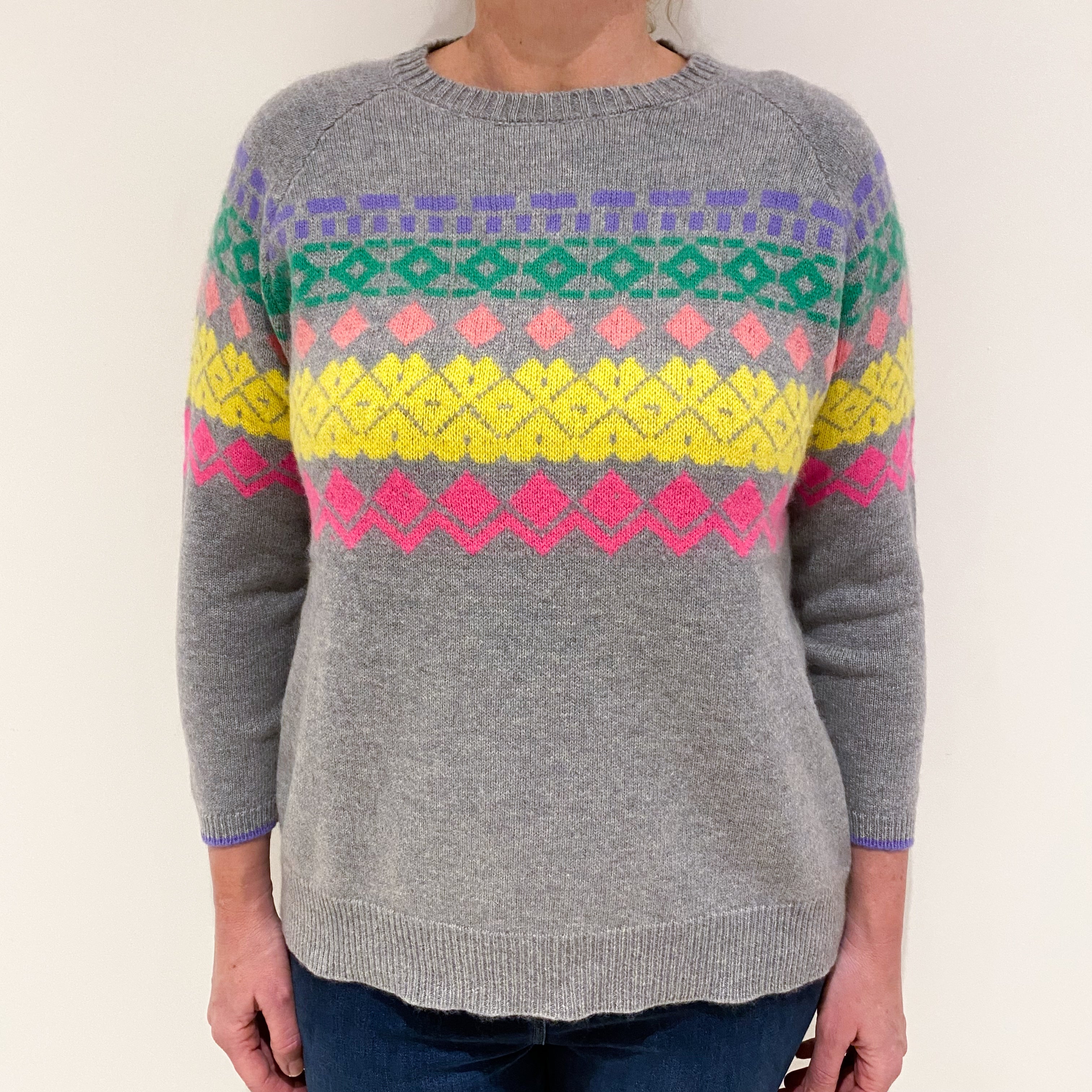 Grey Patterned Cashmere Crew Neck Jumper Large