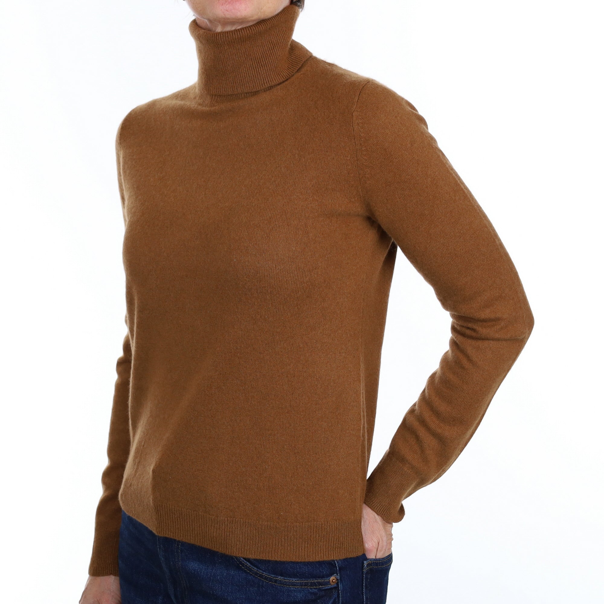 Chestnut Brown Cashmere Polo Neck Jumper Small