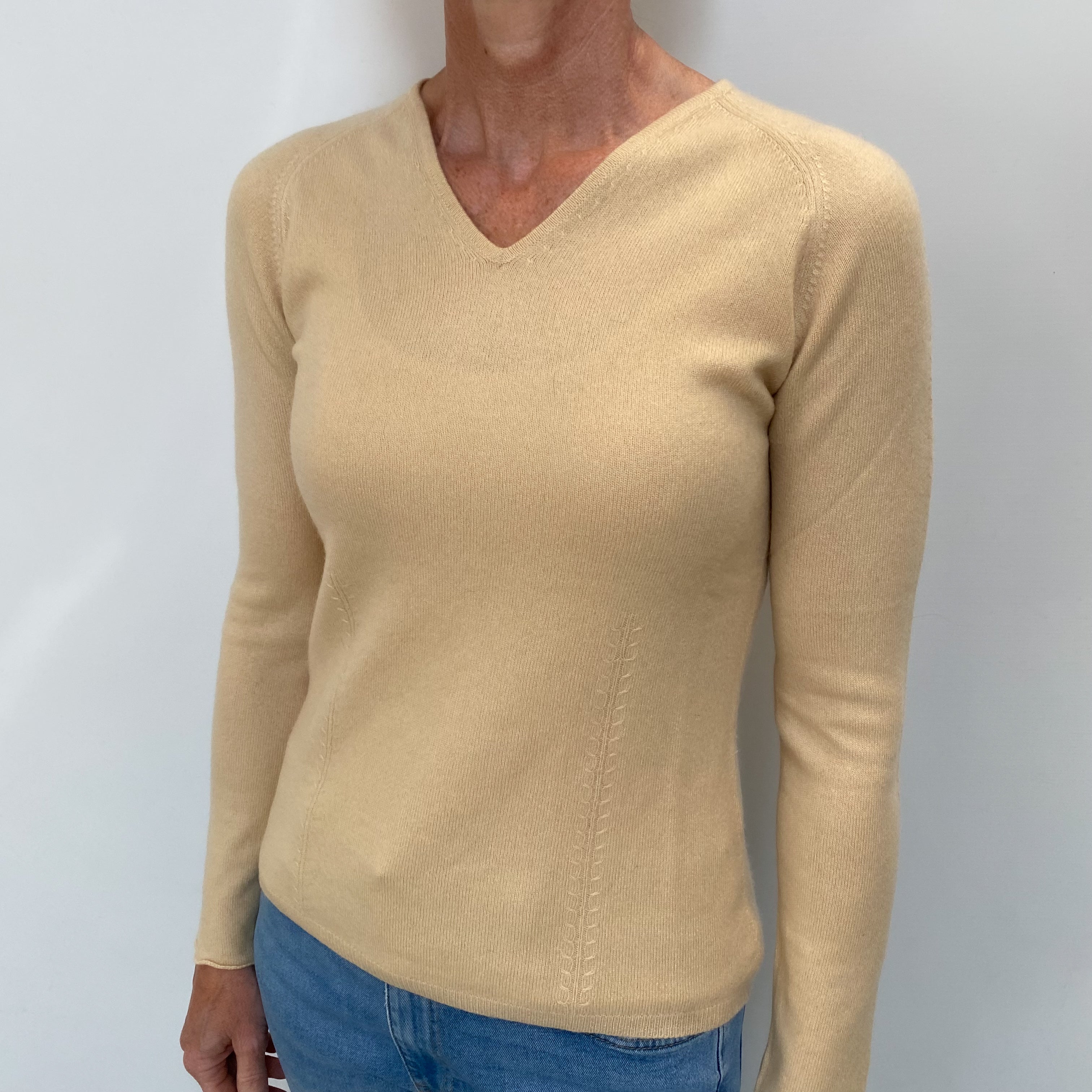 Sand Beige Cashmere V Neck Jumper Small