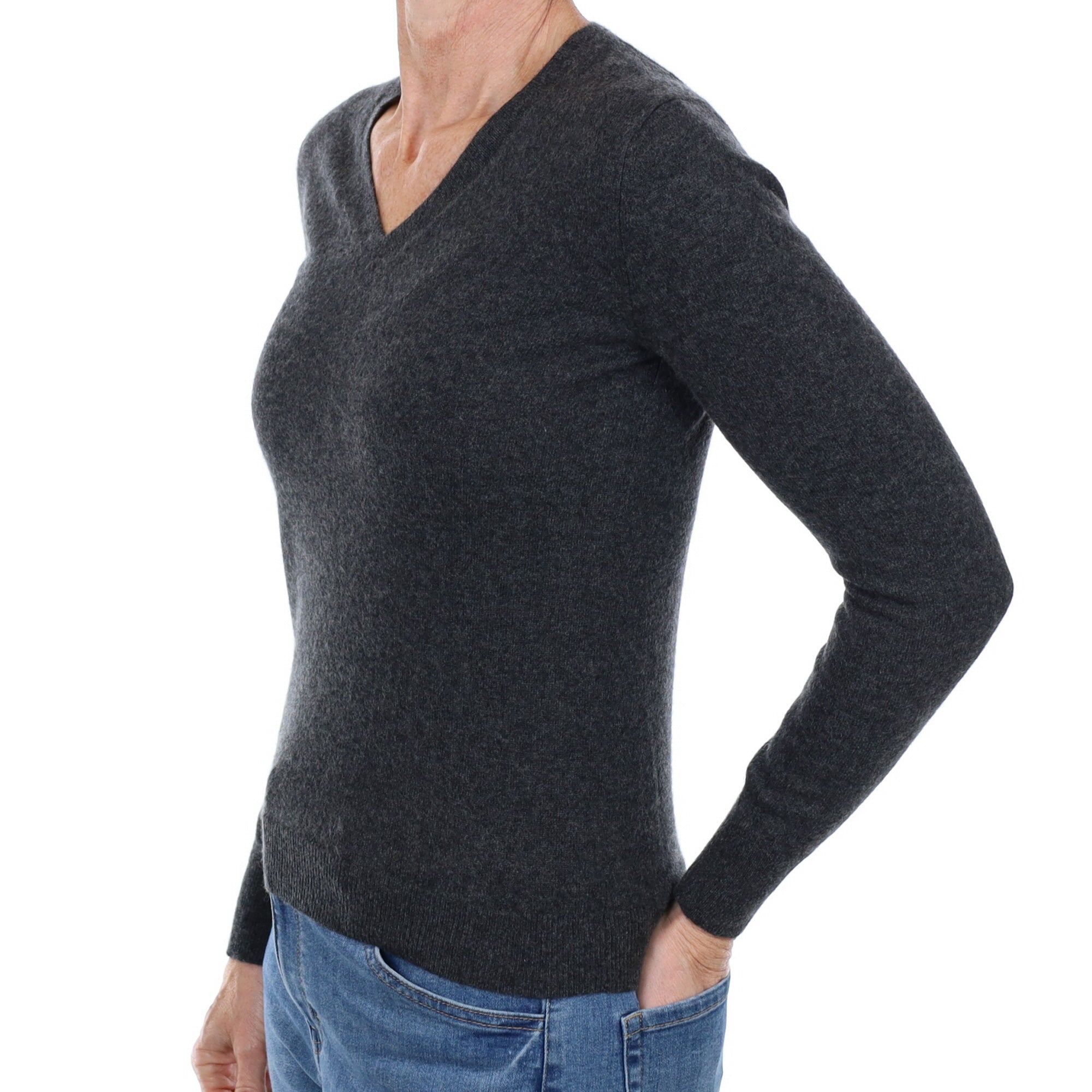 Charcoal Grey Cashmere V Neck Jumper Small
