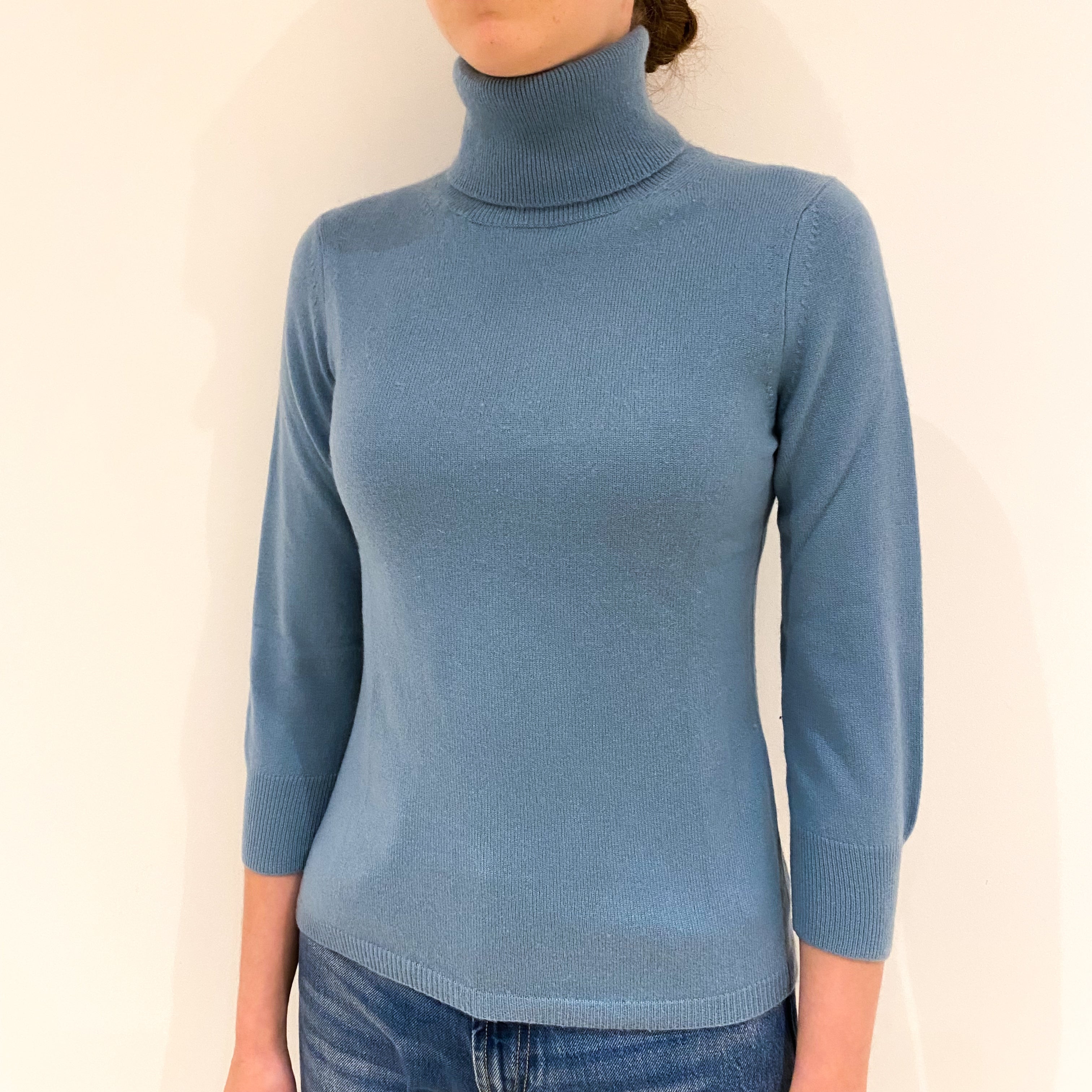 Duck Egg Blue Cashmere Polo Neck Jumper Extra Small