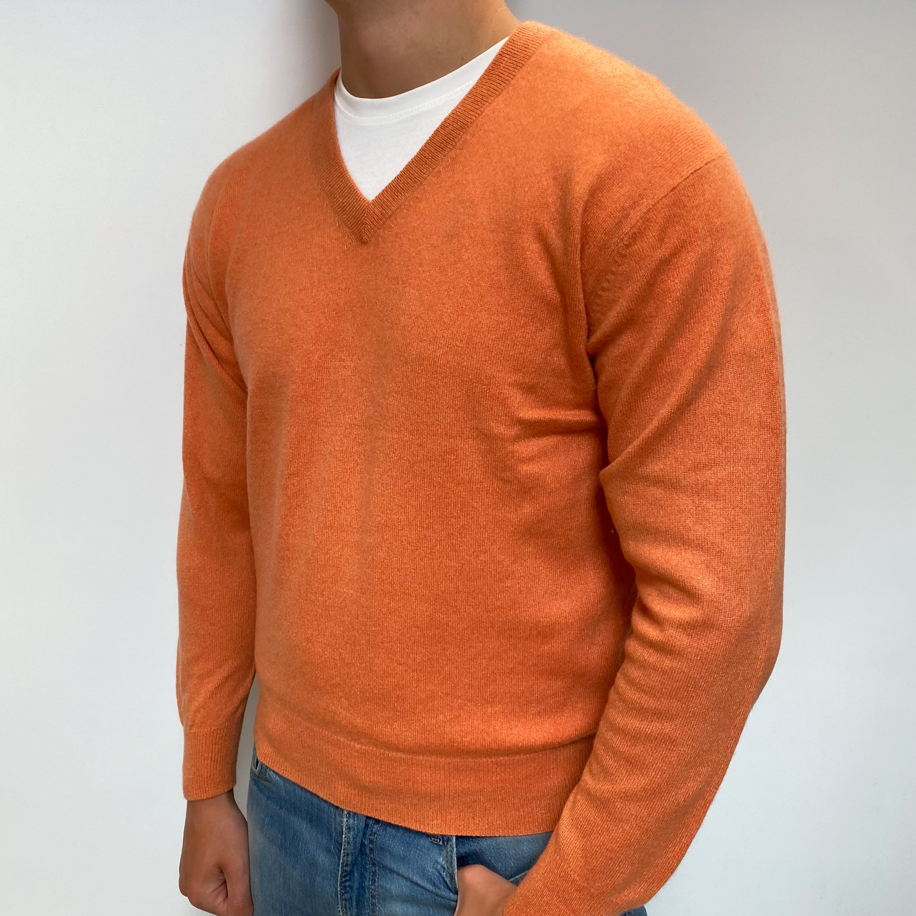 Men's Pumpkin Orange Cashmere V Neck Jumper XL