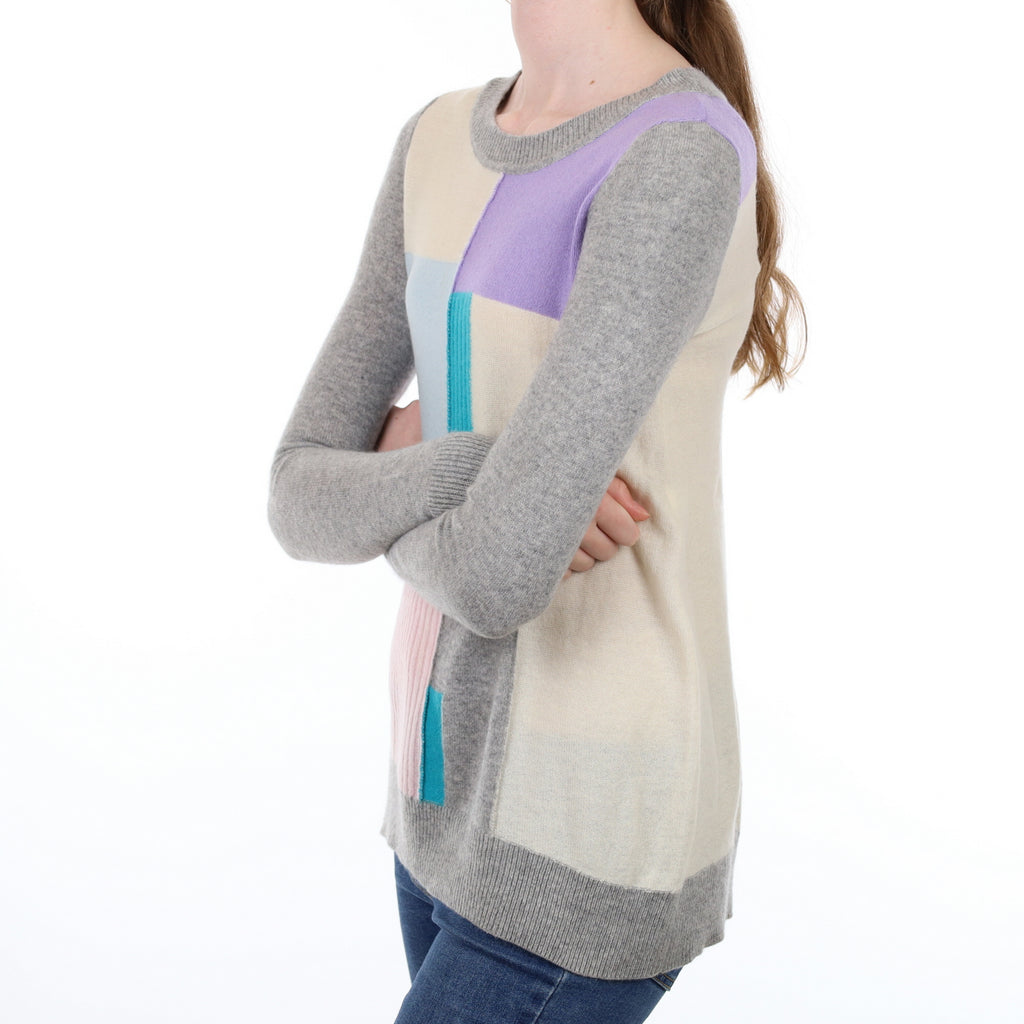 Grey Patch Work Cashmere Crew Neck Jumper Extra Small