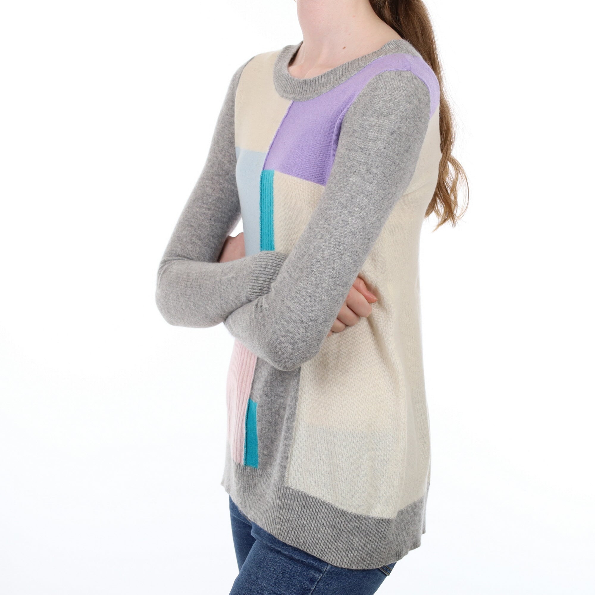 Grey Patch Work Cashmere Crew Neck Jumper Extra Small