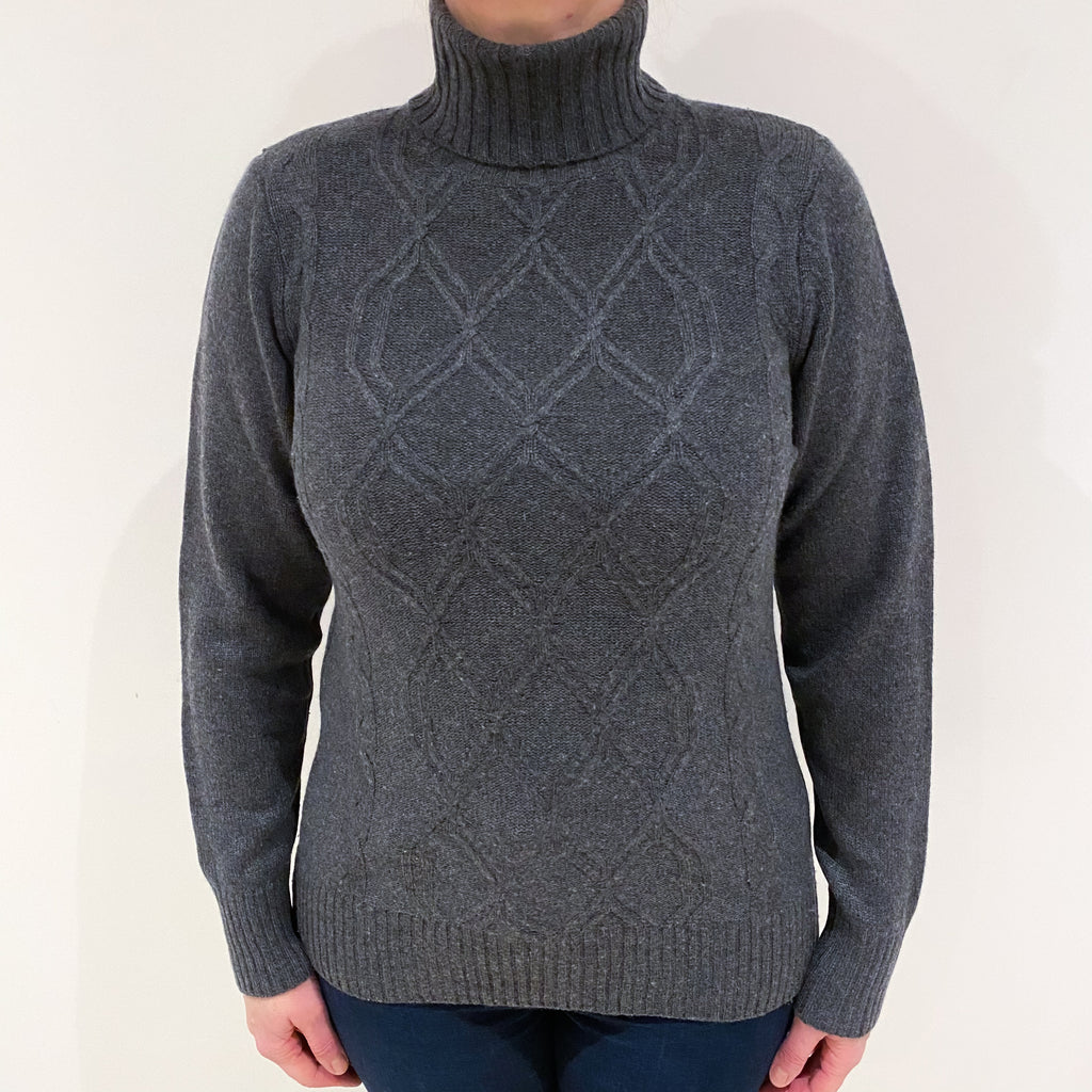 Slate Grey Textured Knit Cashmere Polo Neck Jumper Large