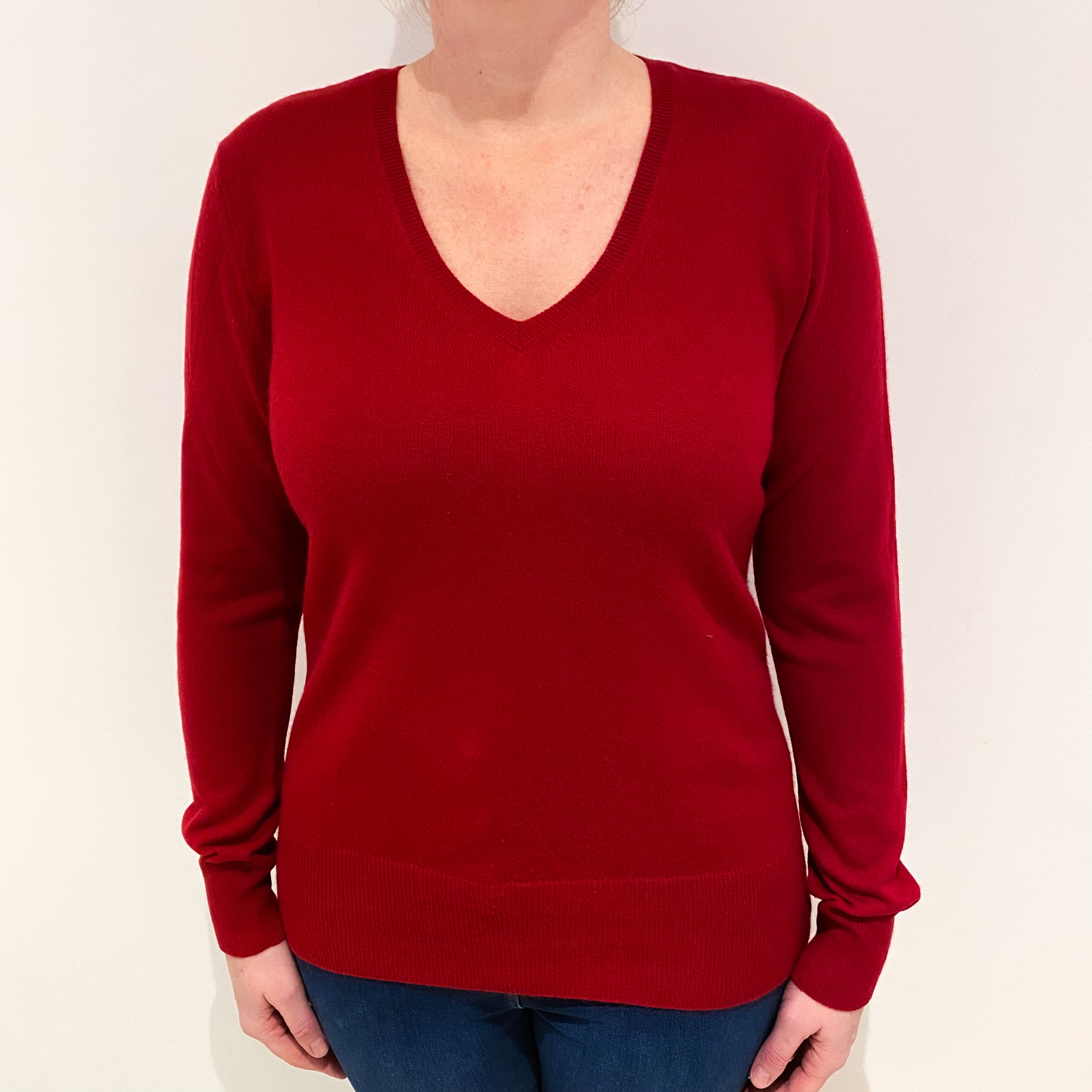Ruby Red Cashmere V Neck Jumper Large