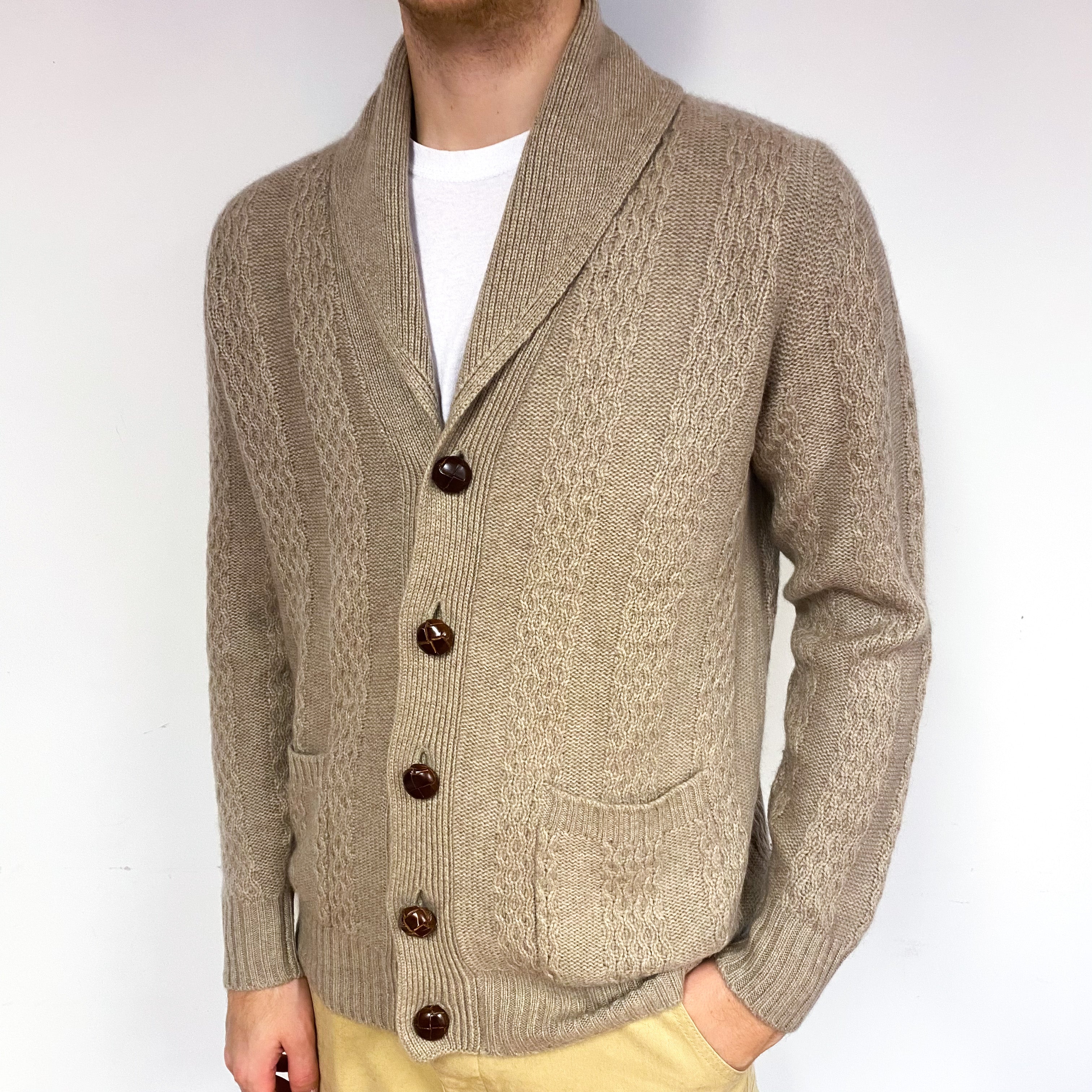 Men's Toffee Brown Cashmere Cardigan Jumper Large