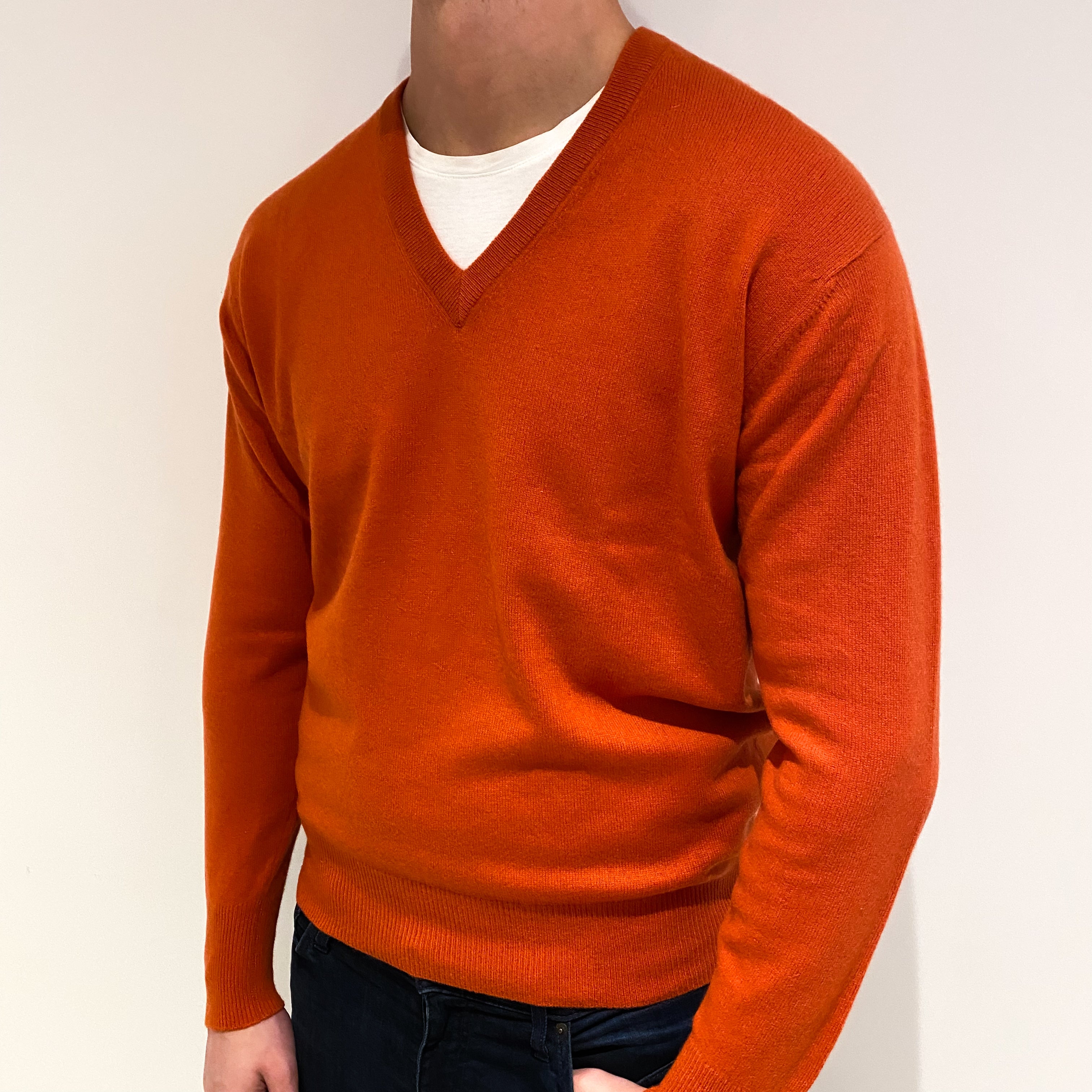 Men's Burnt Orange Cashmere V Neck Jumper XL