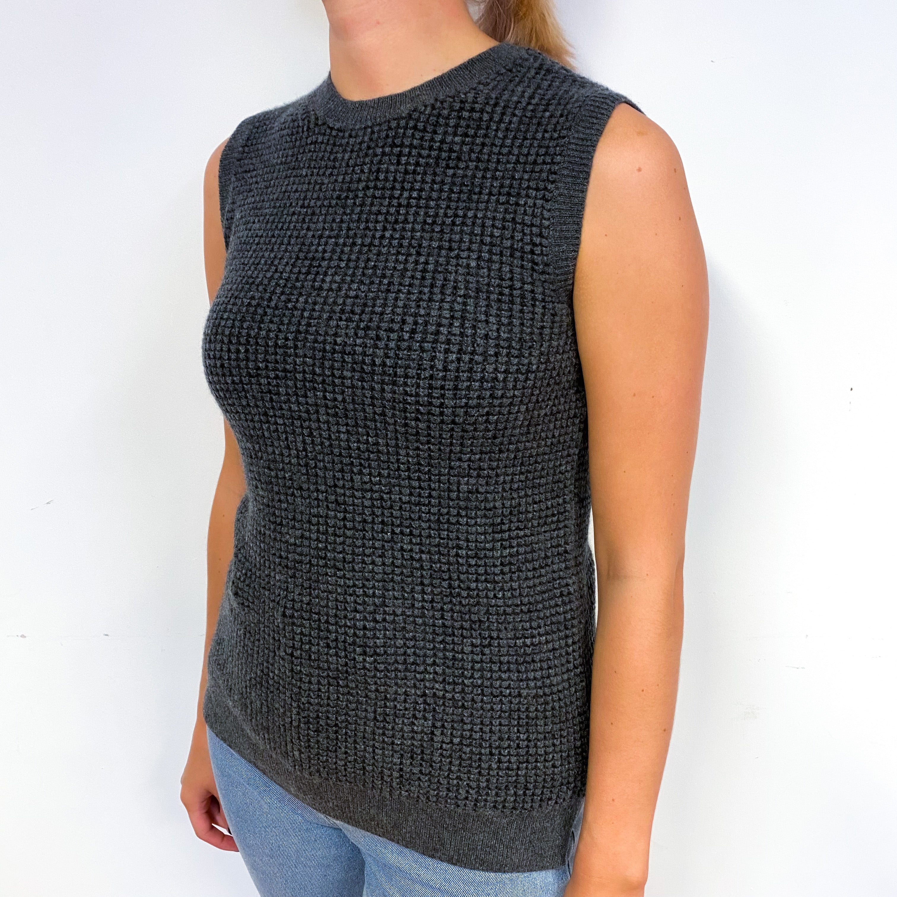 Slate Grey Waffle Cashmere Crew Neck Tank Top Small