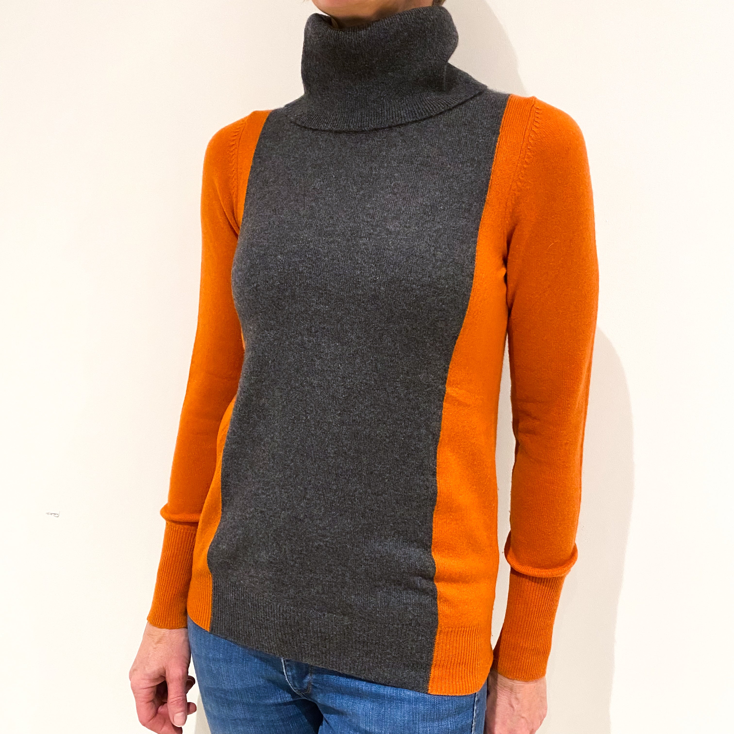 Jaeger Slate Grey and Orange Cashmere Polo Neck Jumper Small