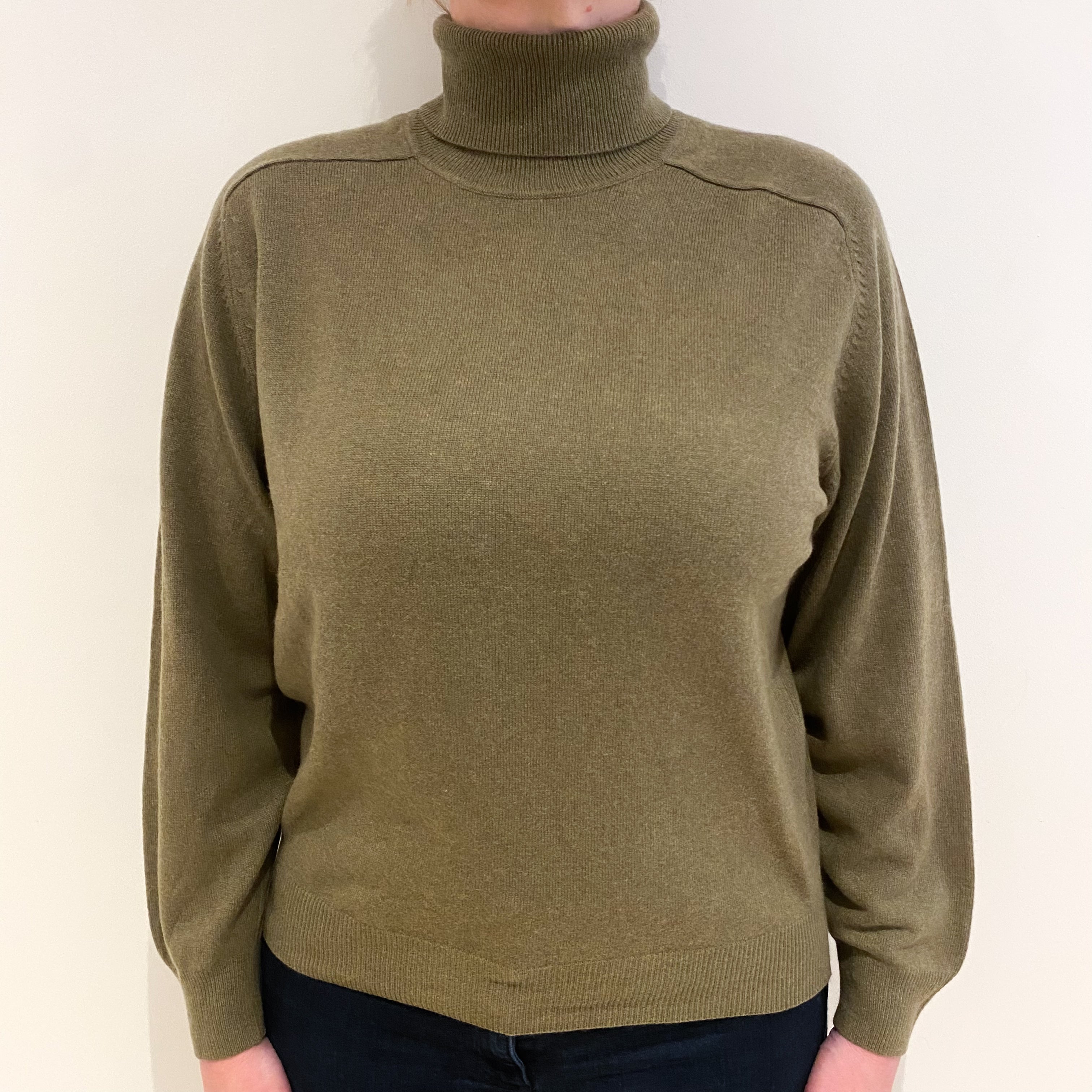 Olive Green Cashmere Polo Neck Jumper Large