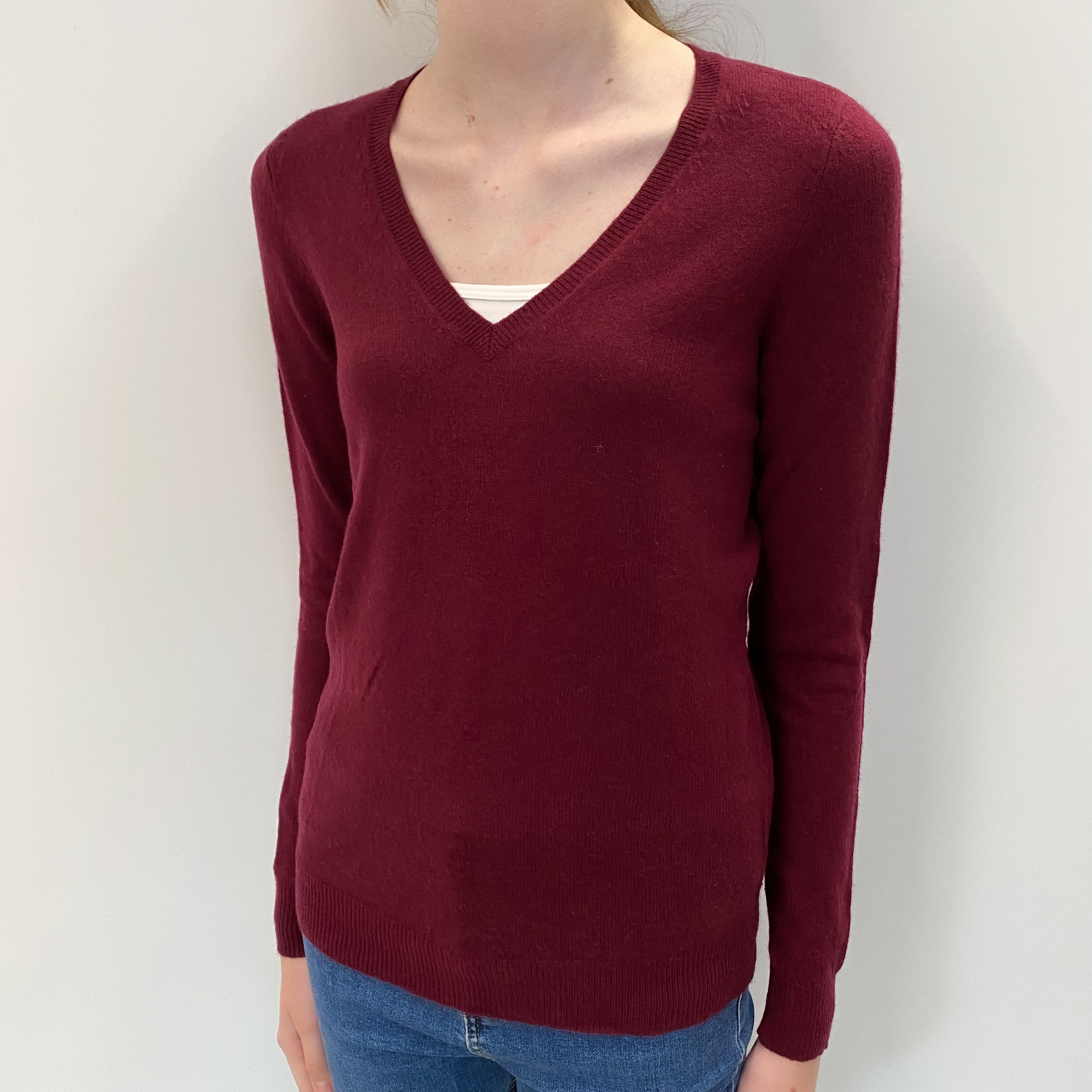 Burgundy Cashmere V Neck Jumper Extra Small