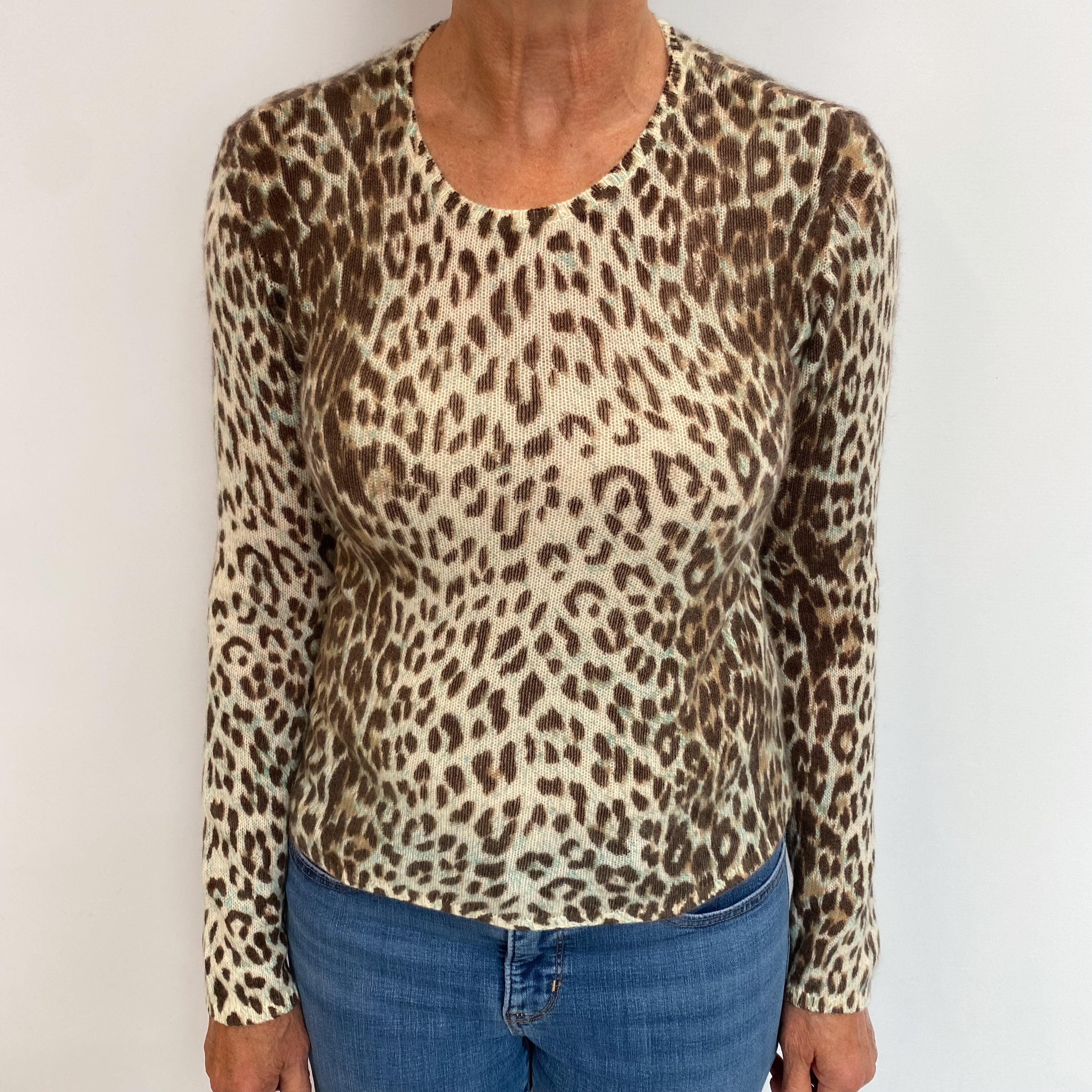 Cream Animal Print Cashmere Crew Neck Jumper Medium