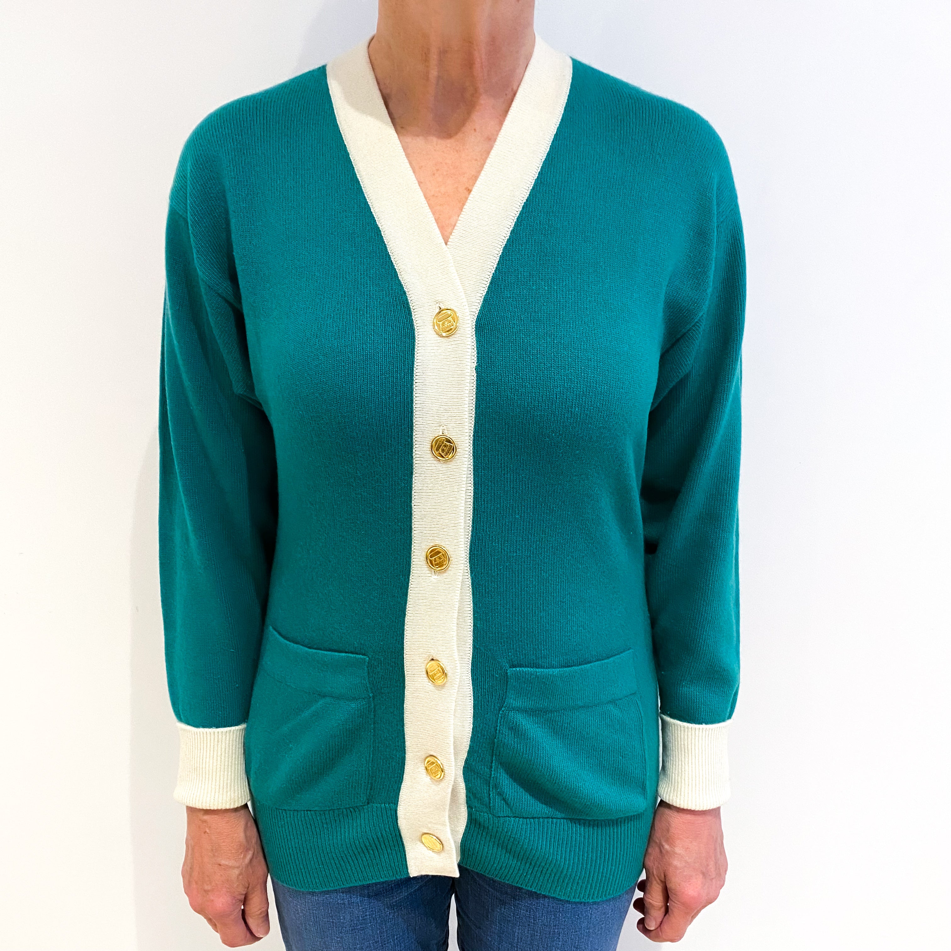 Vintage Chanel Shamrock Green With Cream Edge Cashmere Cardigan Medium
