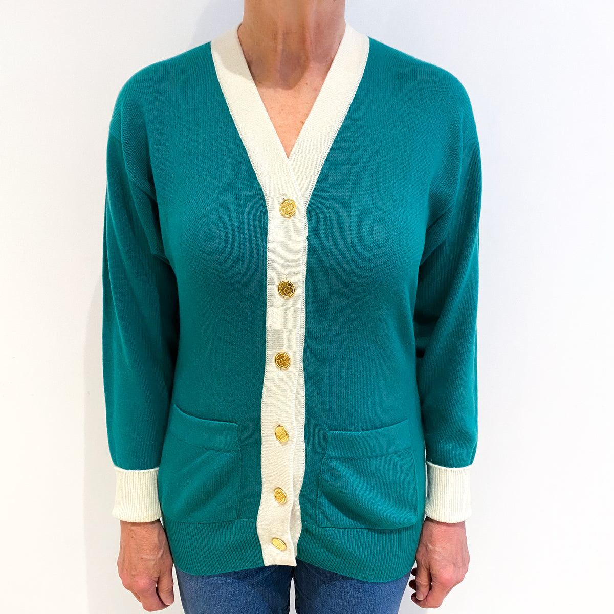 Vintage Chanel Shamrock Green With Cream Edge Cashmere Cardigan Medium