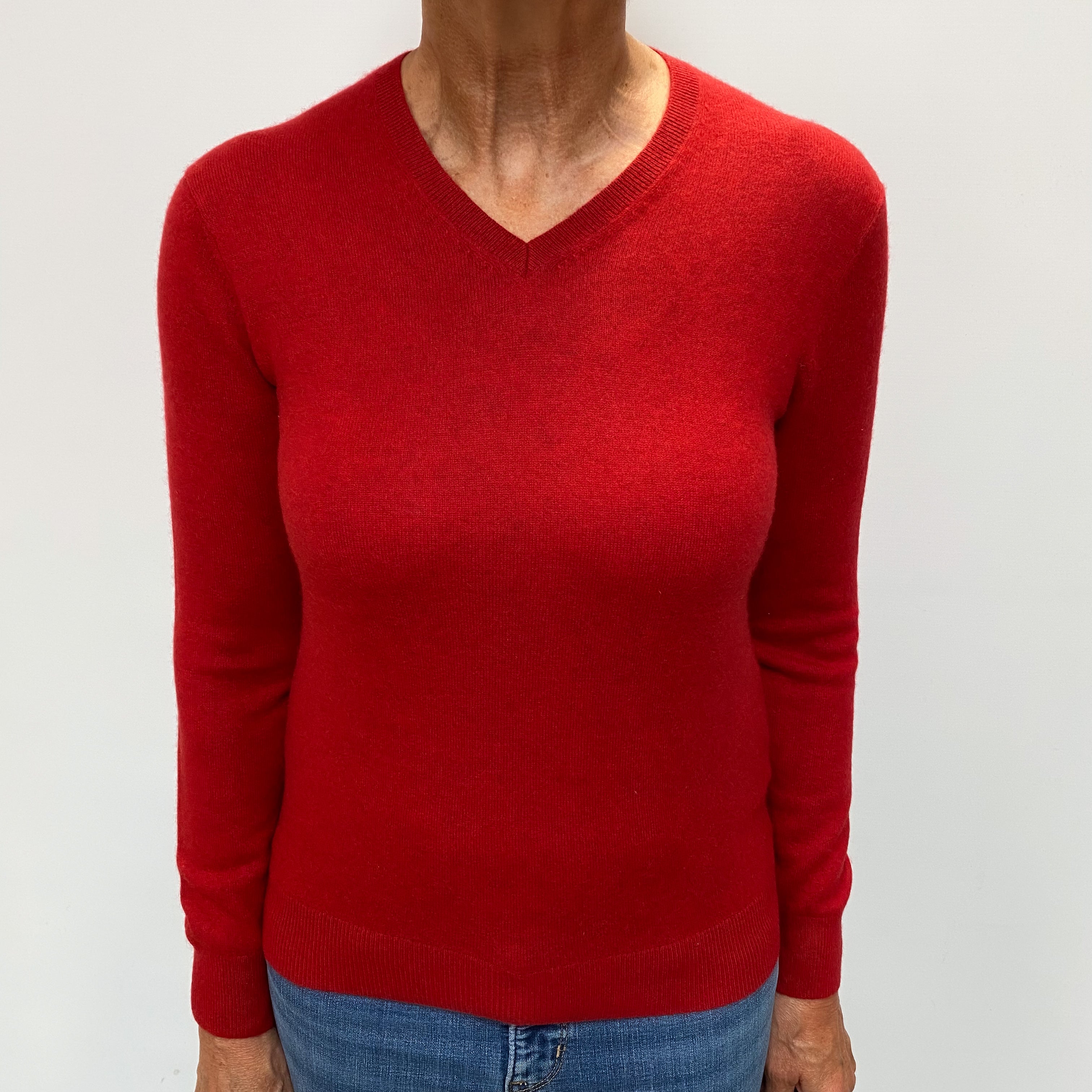 Post Box Red Cashmere V Neck Jumper Medium