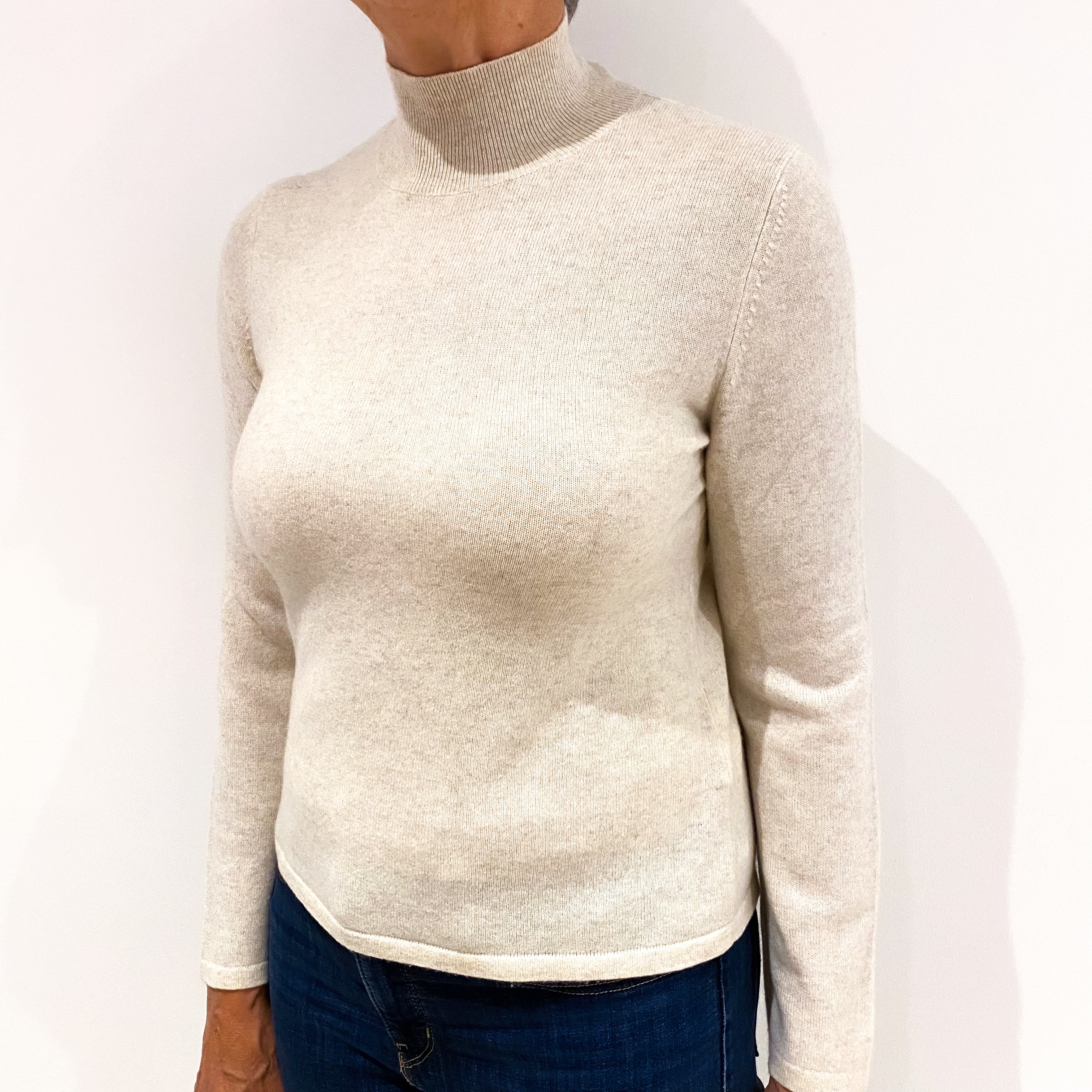 Oatmeal Beige Cashmere Polo Neck Jumper Medium