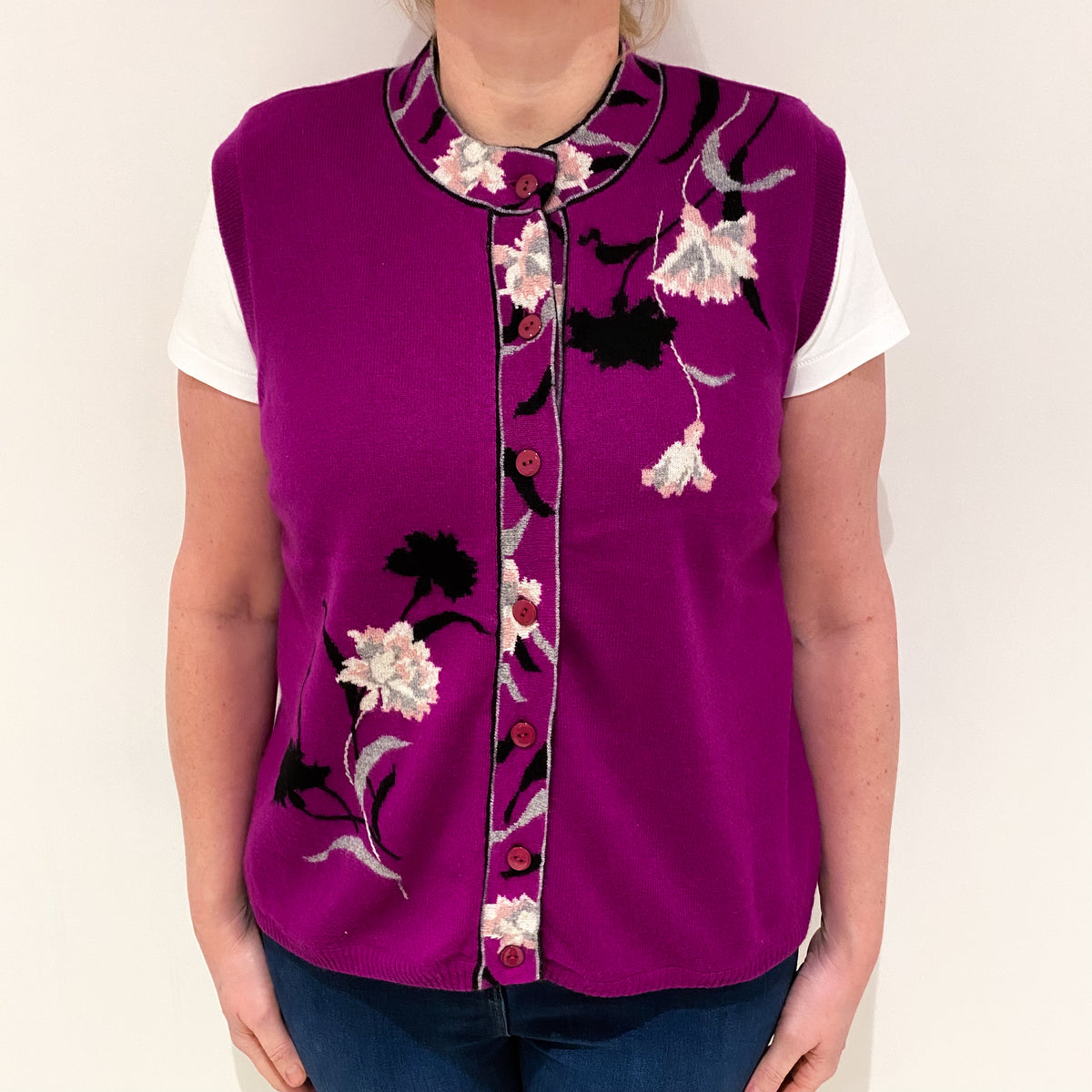 Reversible Magenta Purple Floral and Black Cashmere Gilet Large
