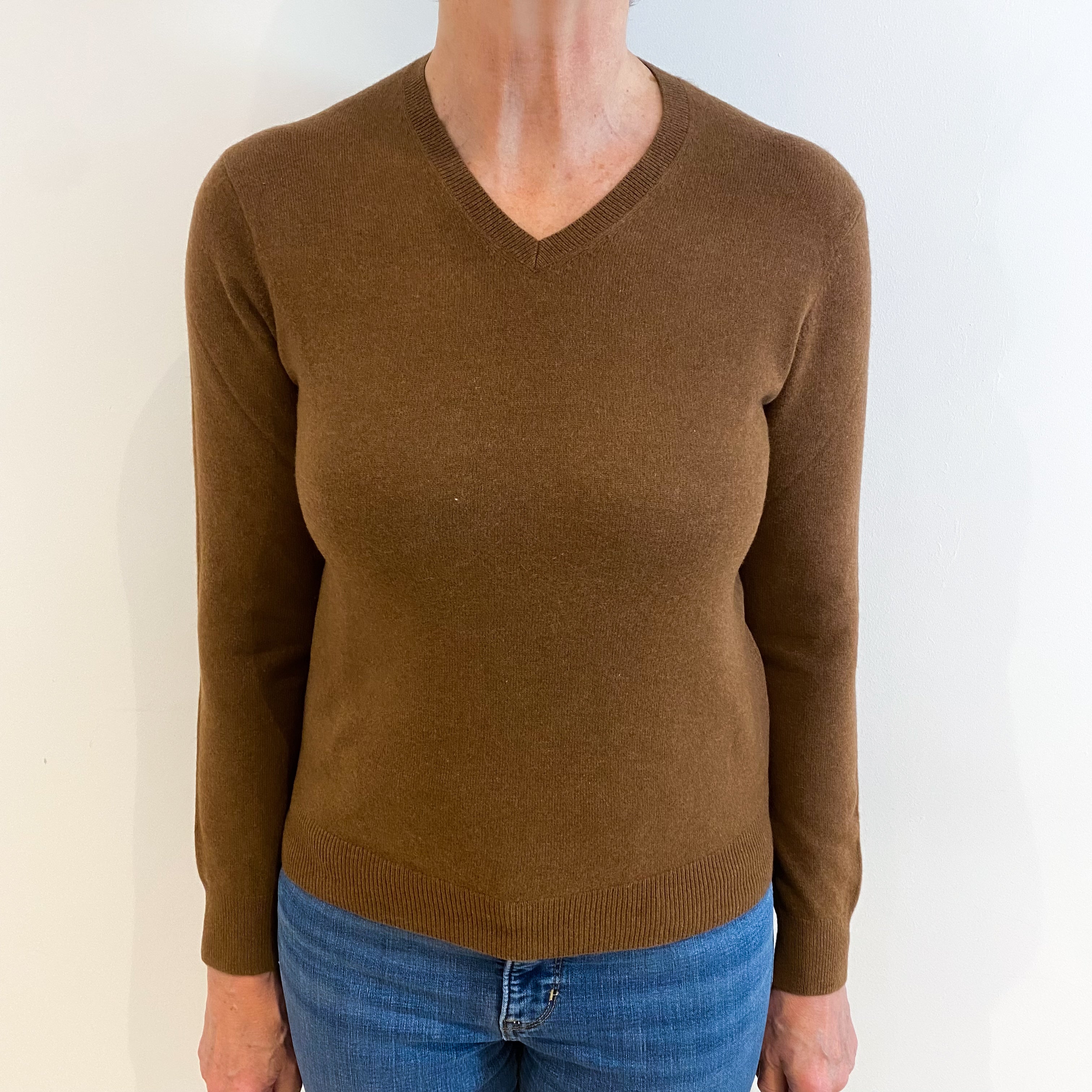 Cinnamon Brown Cashmere V Neck Jumper Medium