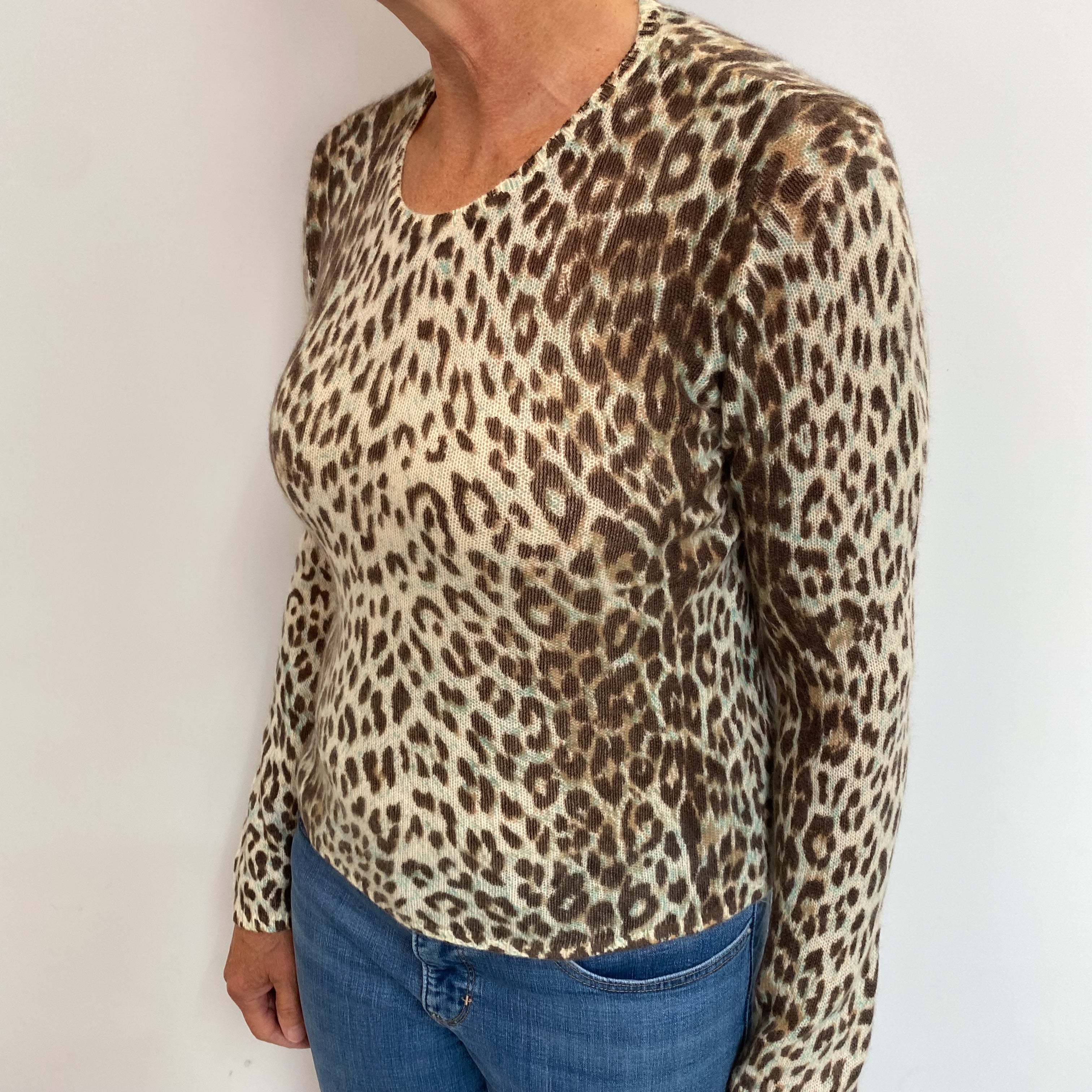 Cream Animal Print Cashmere Crew Neck Jumper Medium