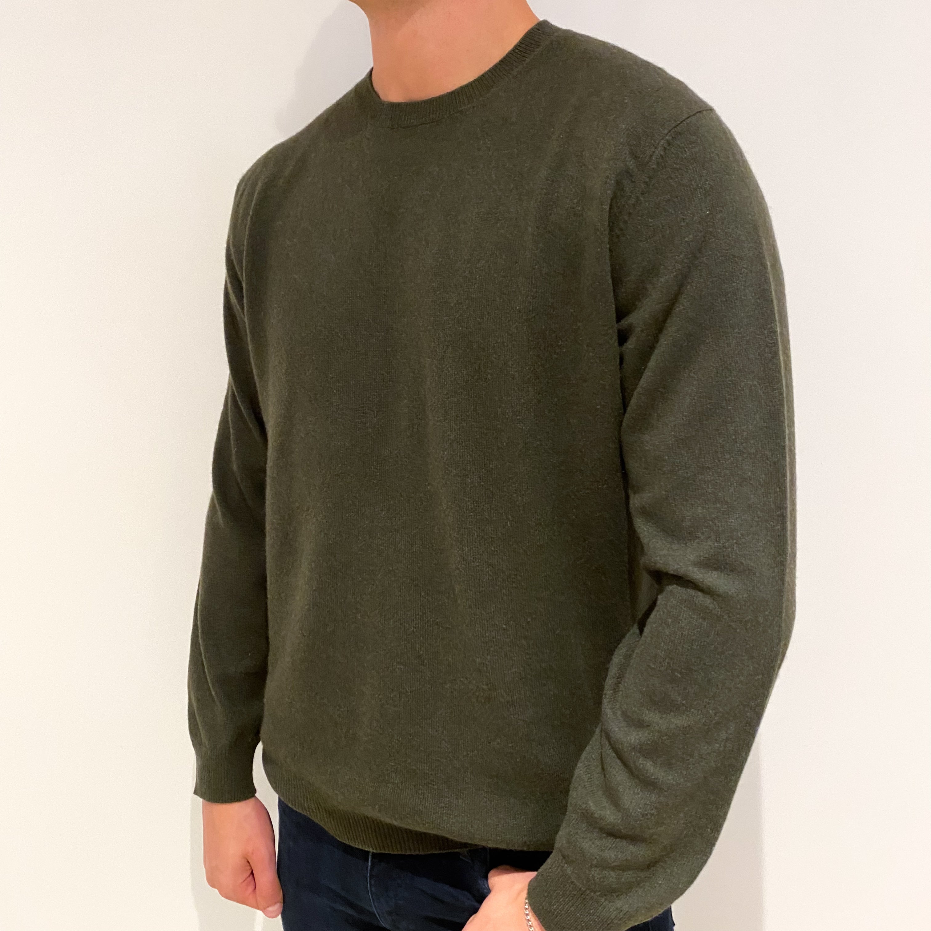Men's Khaki Green Cashmere Crew Neck Jumper Extra Extra Large