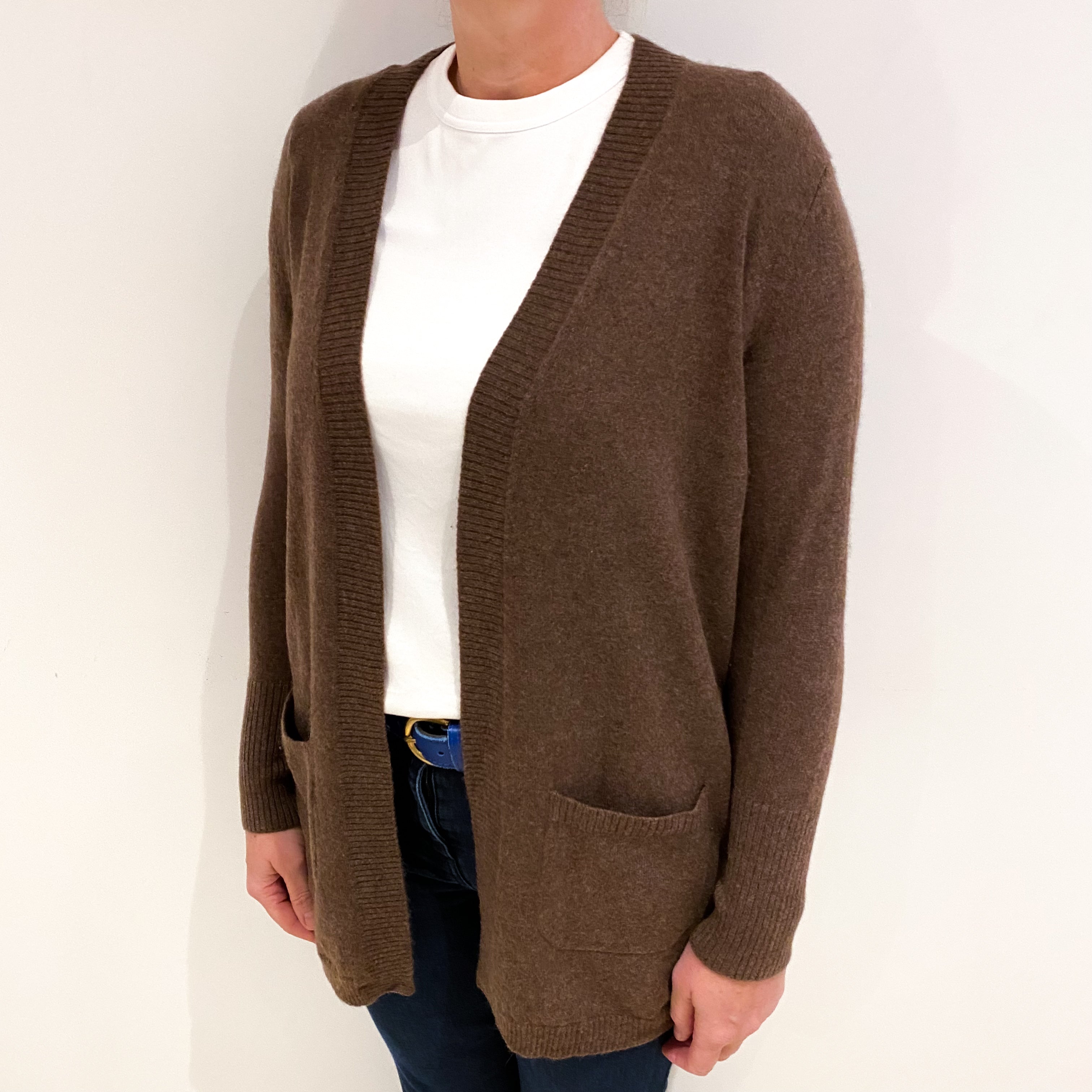 Pecan Brown Cashmere Edge to Edge Cardigan with Pockets Large