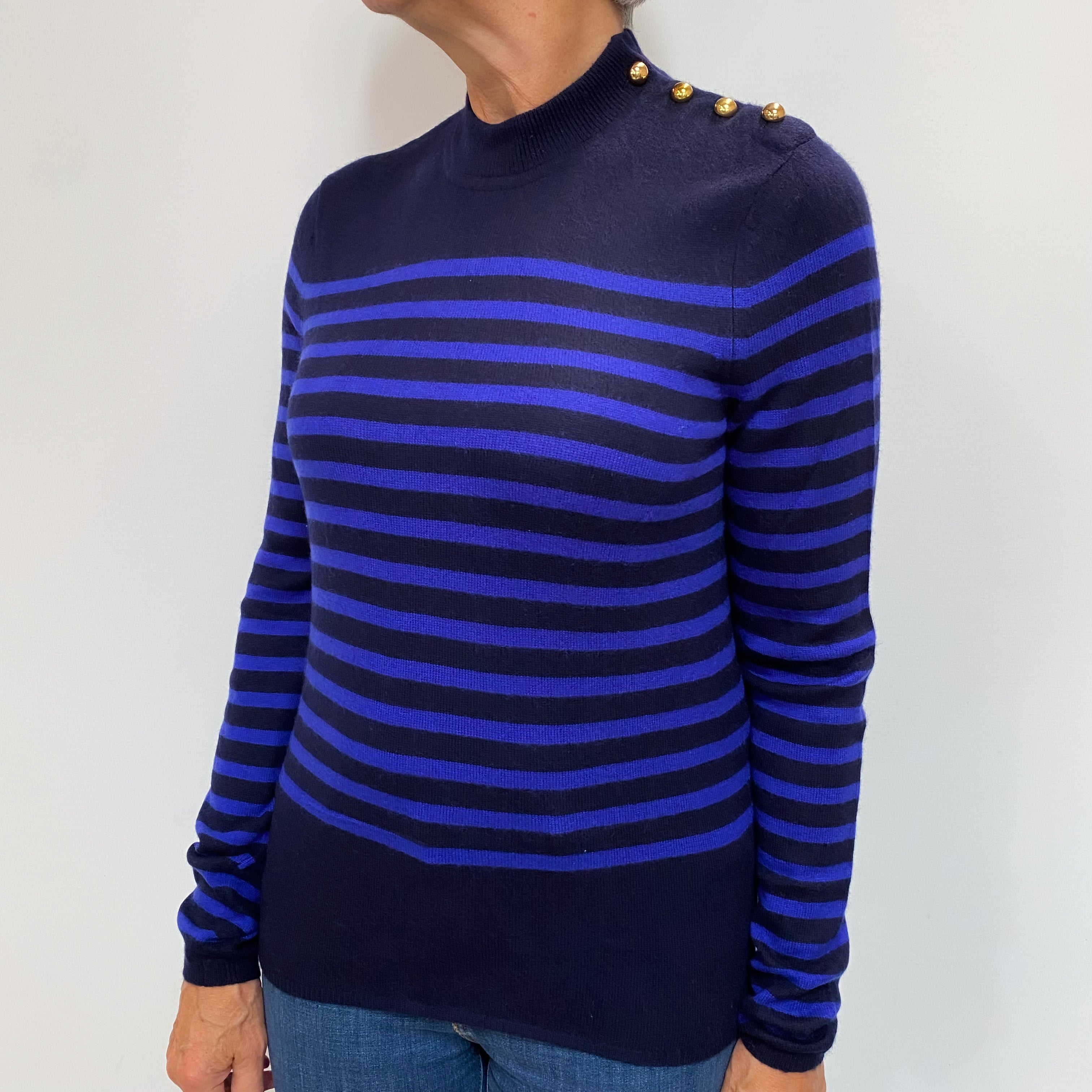 Navy And Colbalt Blue Stripe Cashmere Turtle Neck Jumper Medium