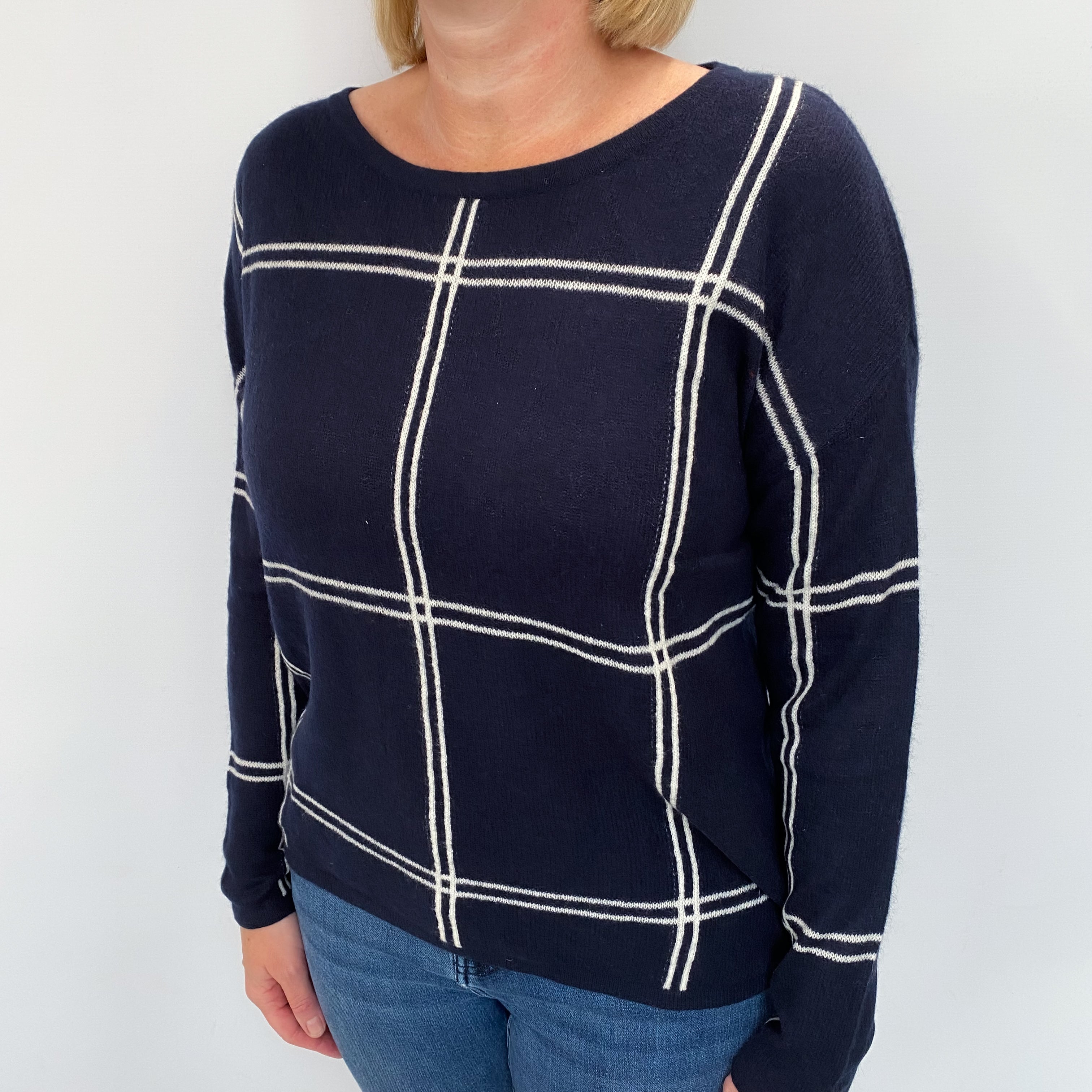 Navy Checked Cashmere Crew Neck Jumper Large