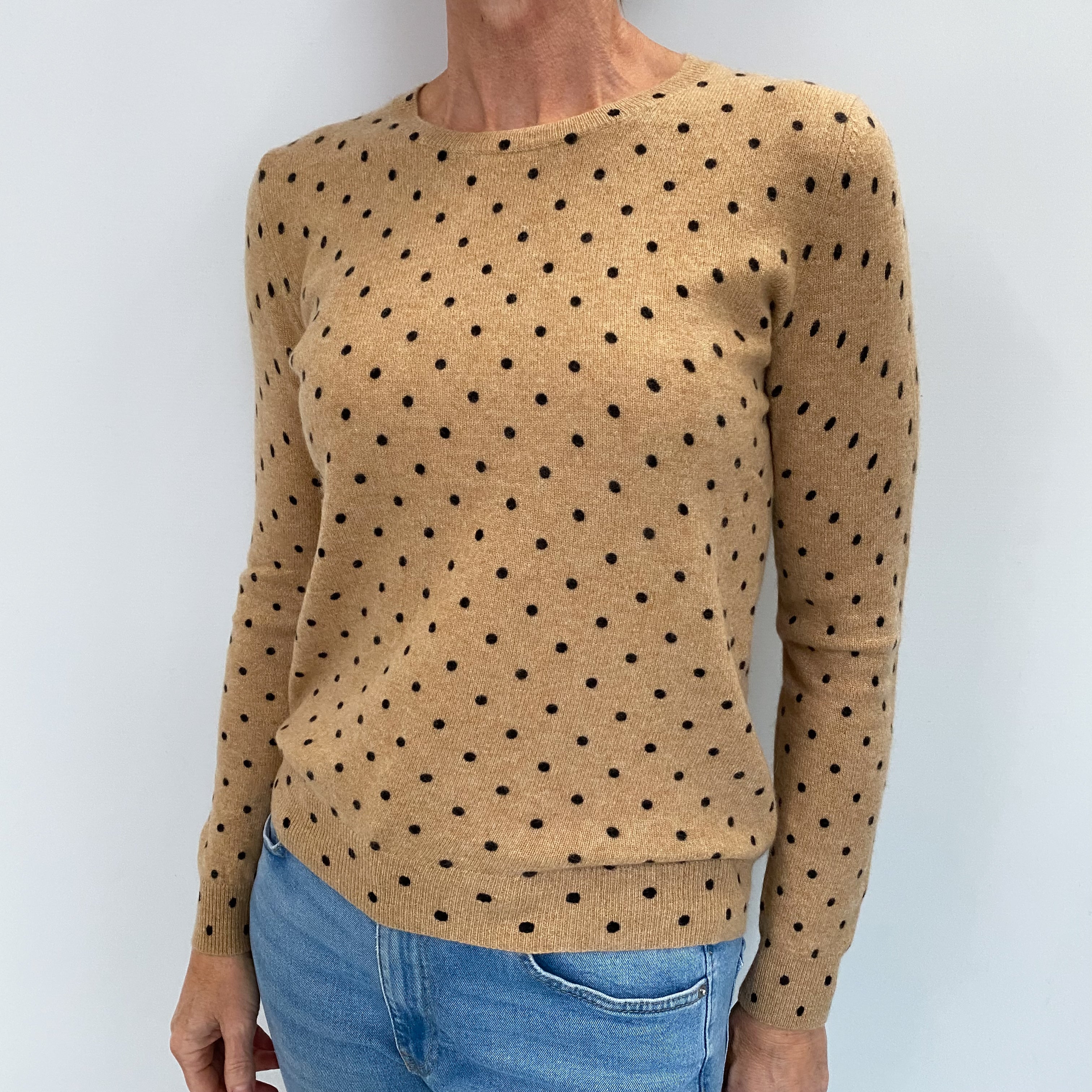 Camel Brown Spotty Cashmere Crew Neck Jumper Small
